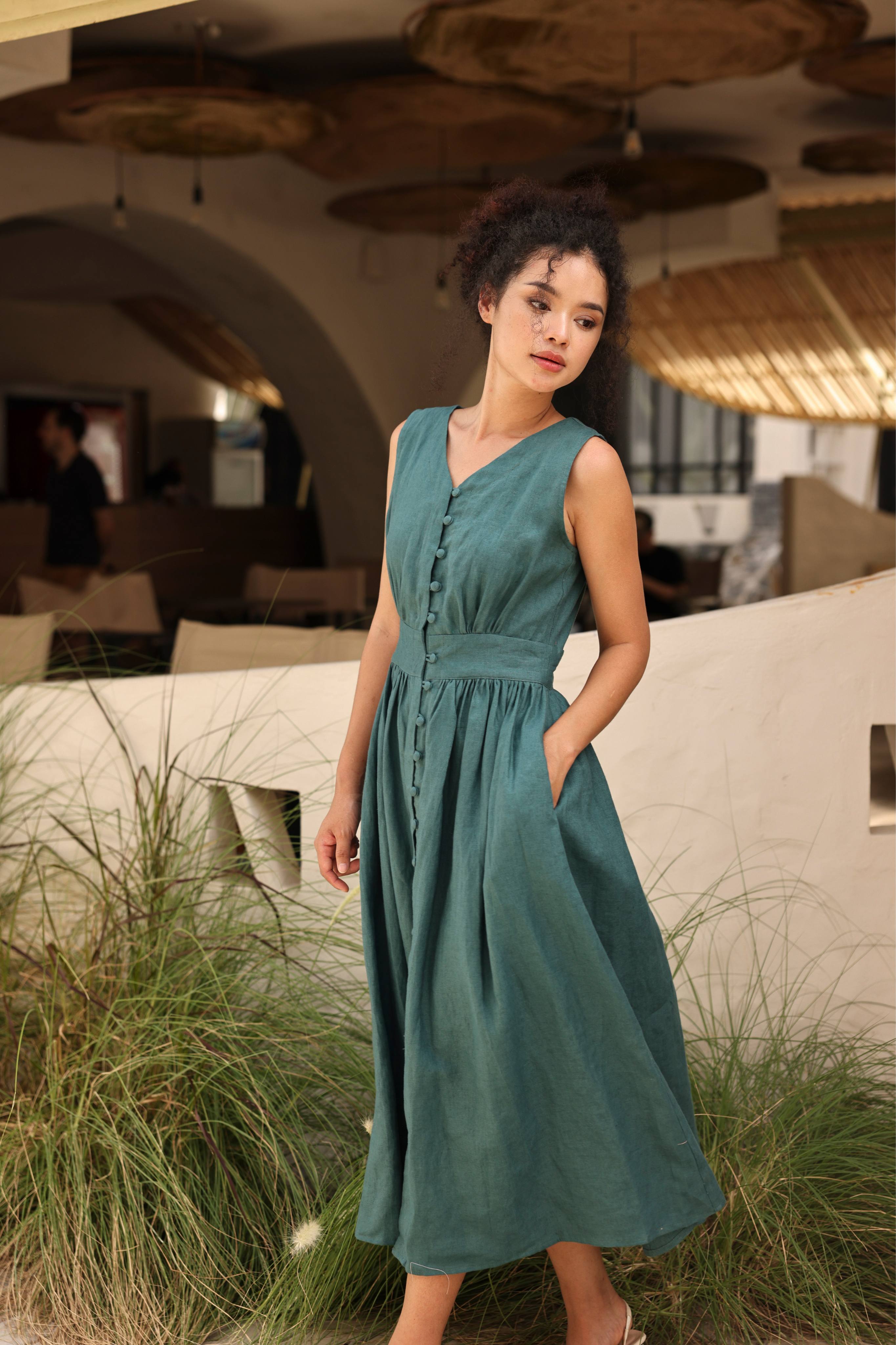 Linen V-neck button front dress