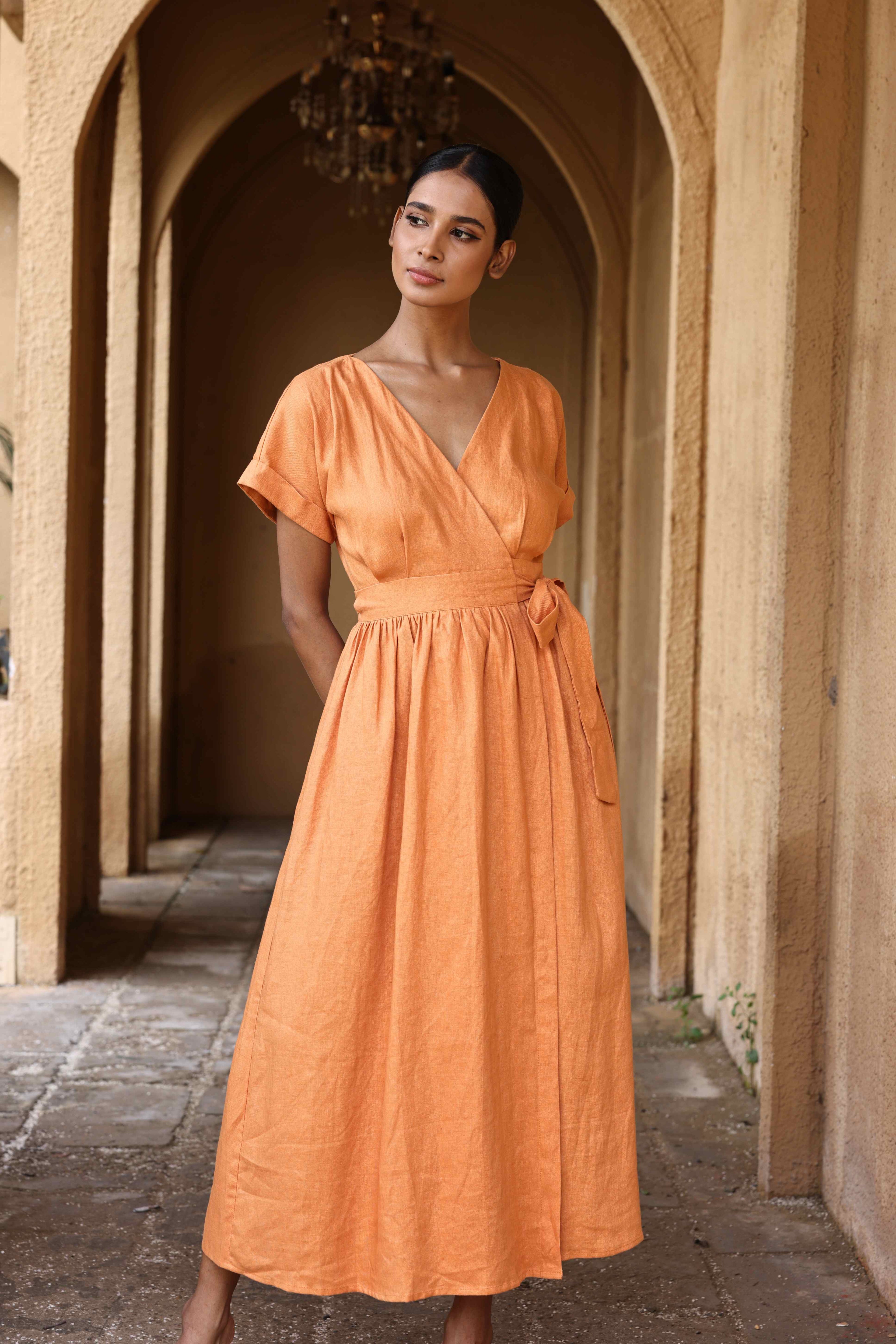 Linen wrap tie dress