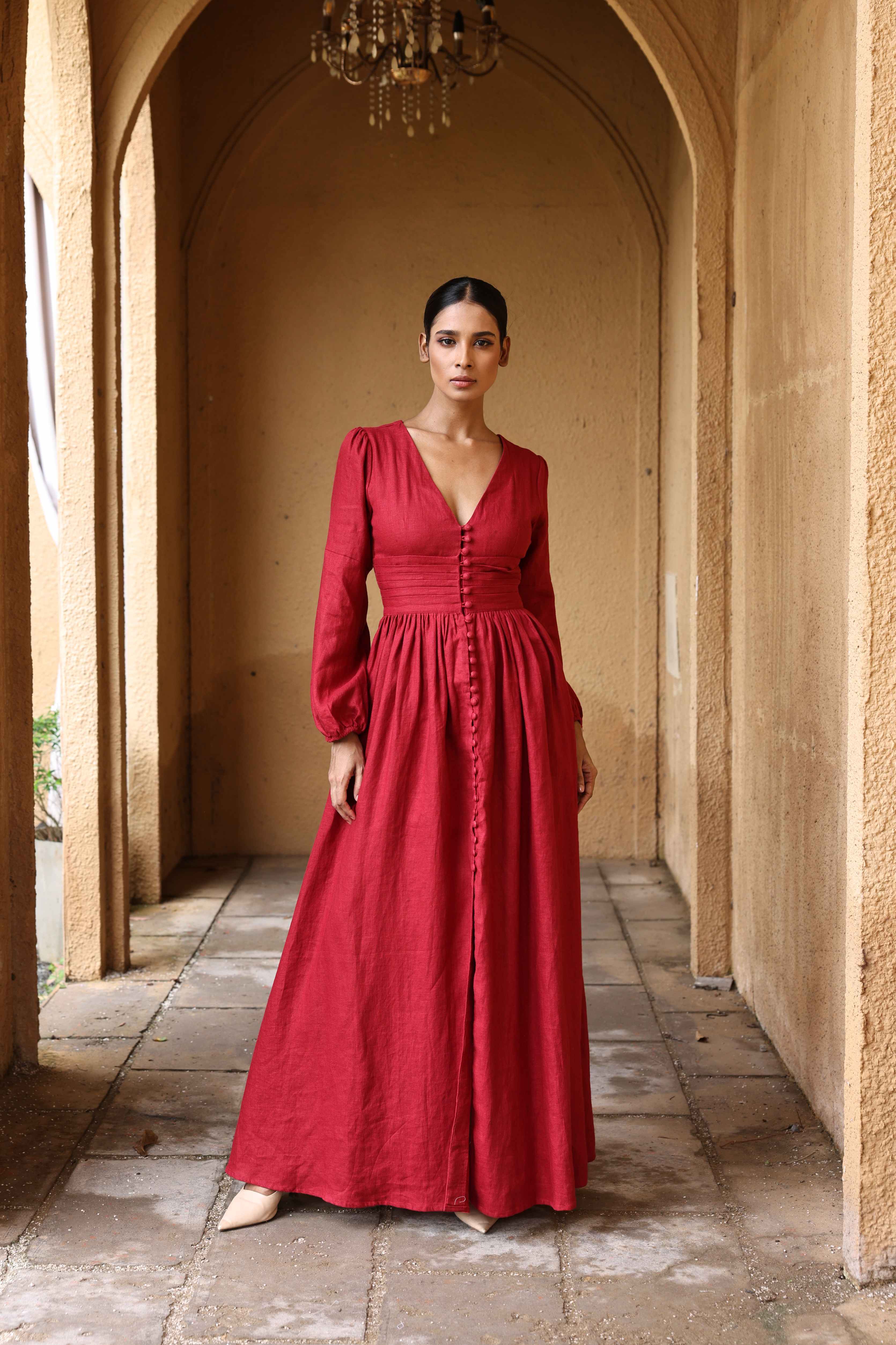 Long-sleeve linen maxi dress