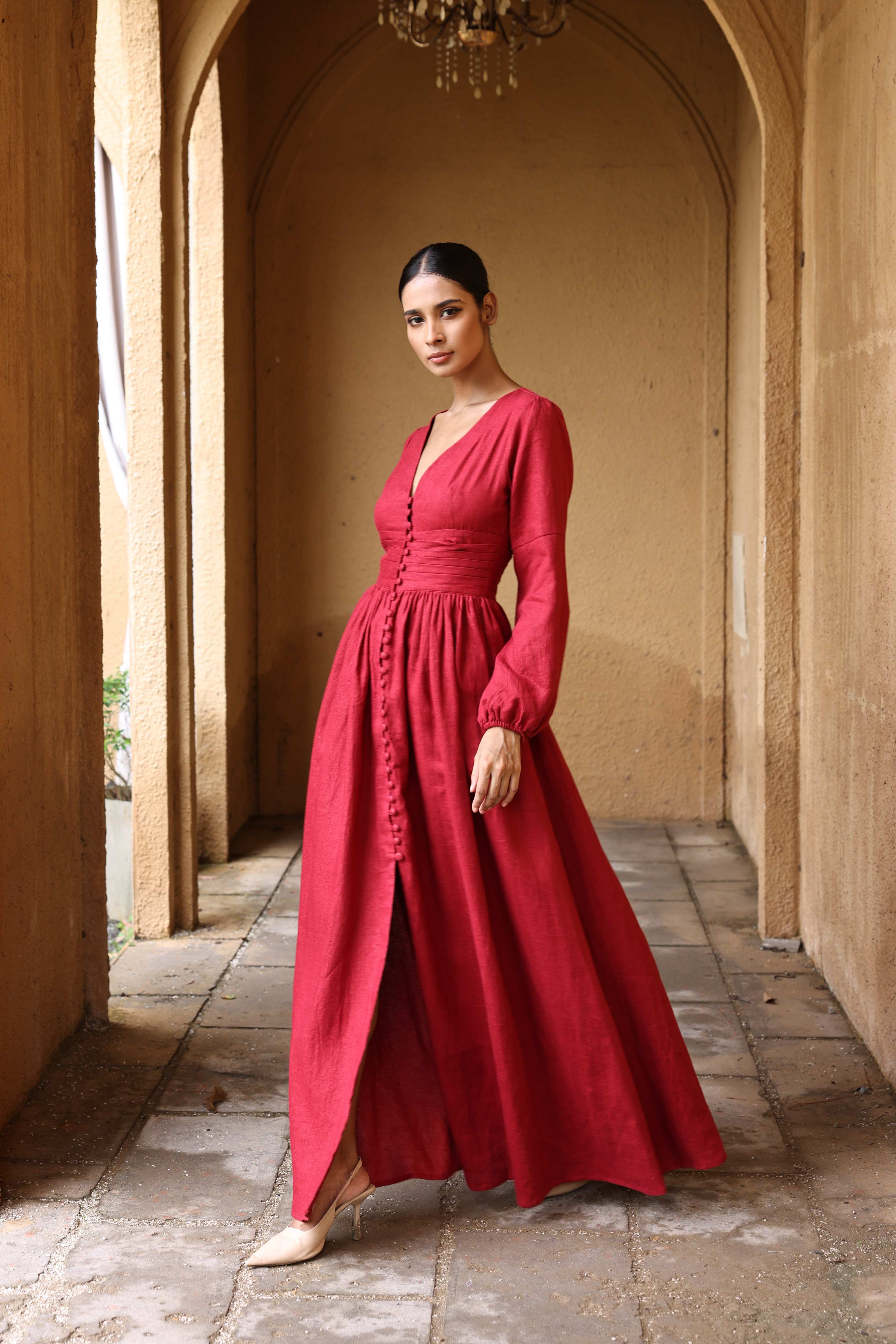Long-sleeve linen maxi dress
