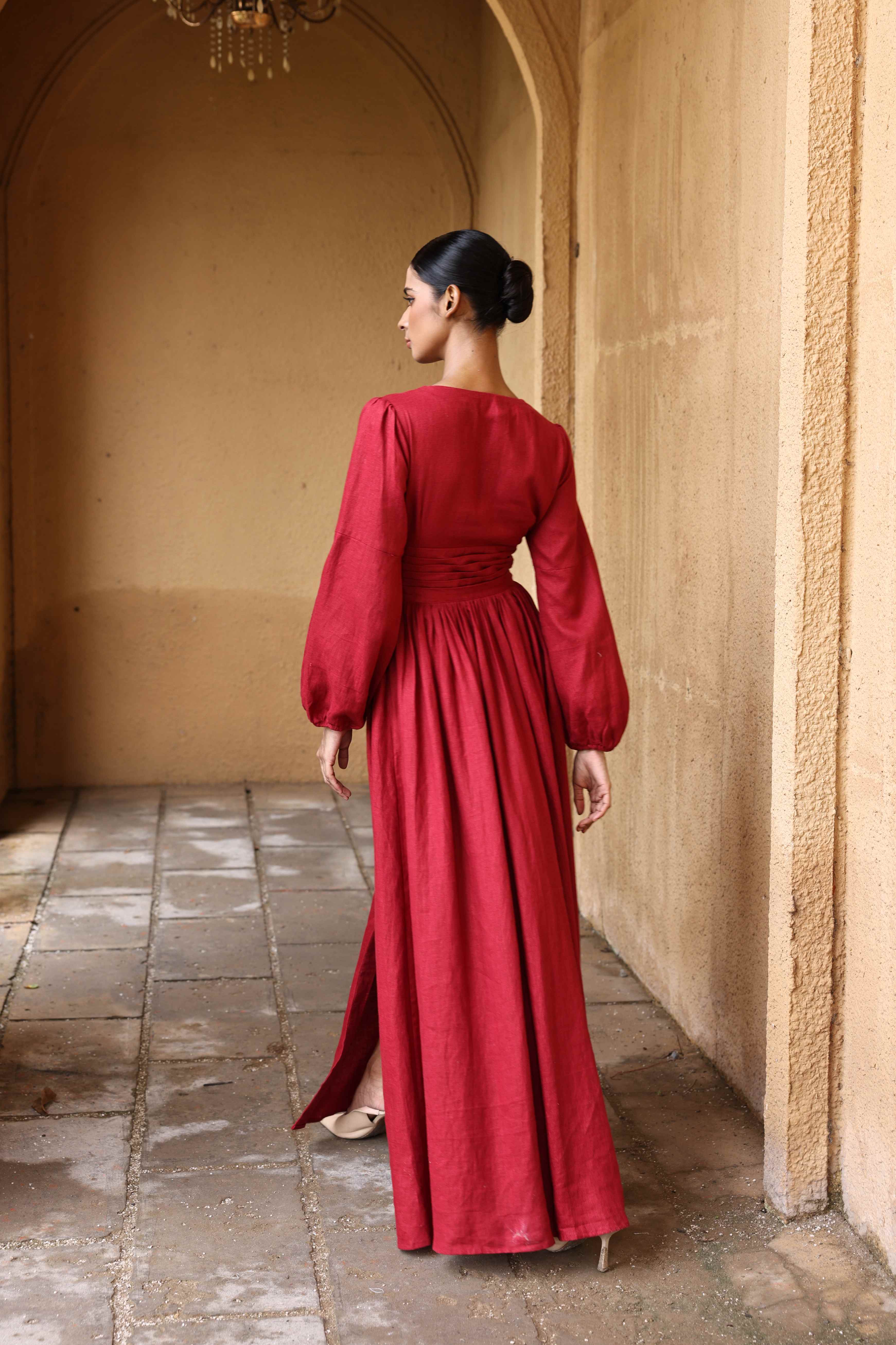 Long-sleeve linen maxi dress