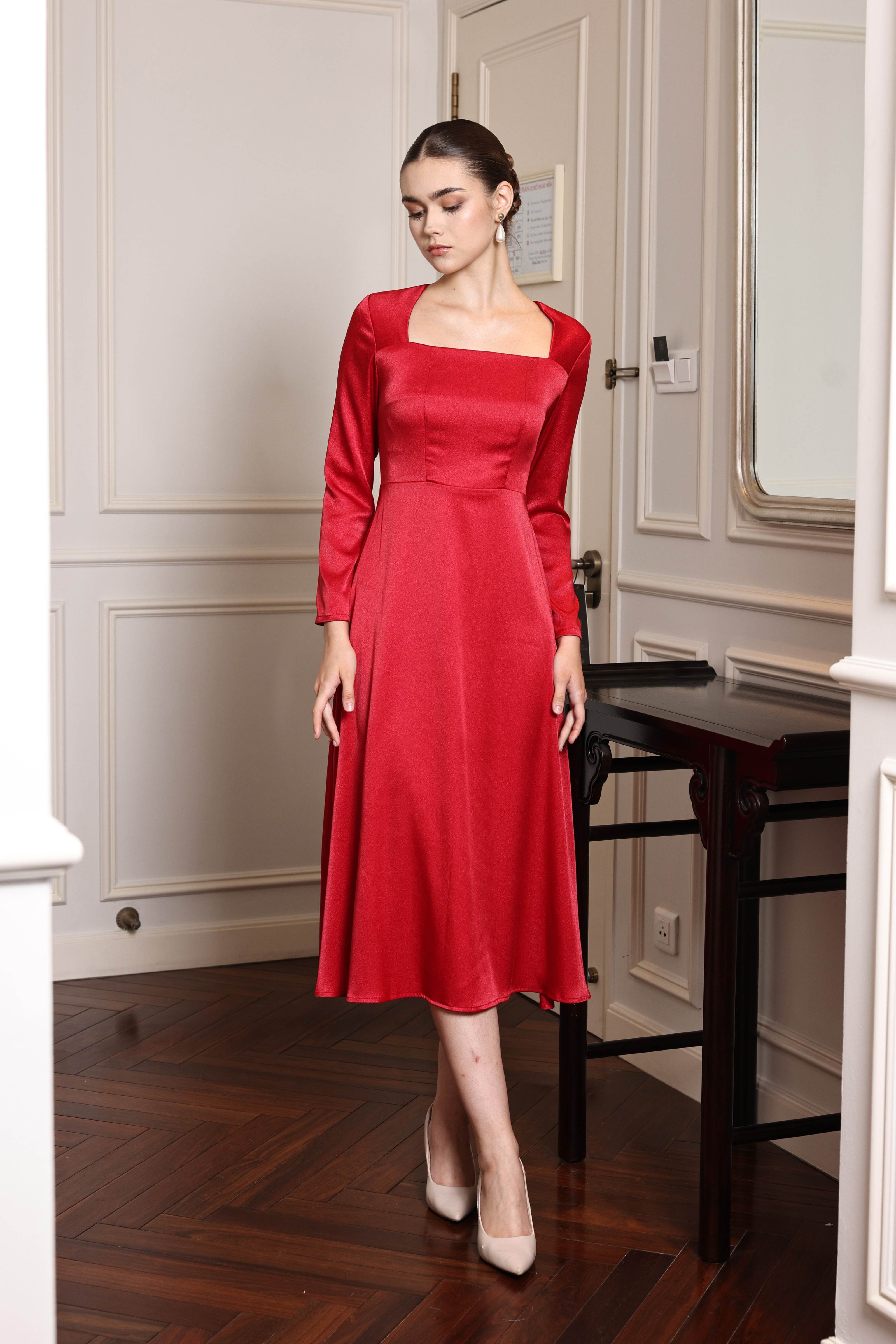 Long sleeve silk midi dress