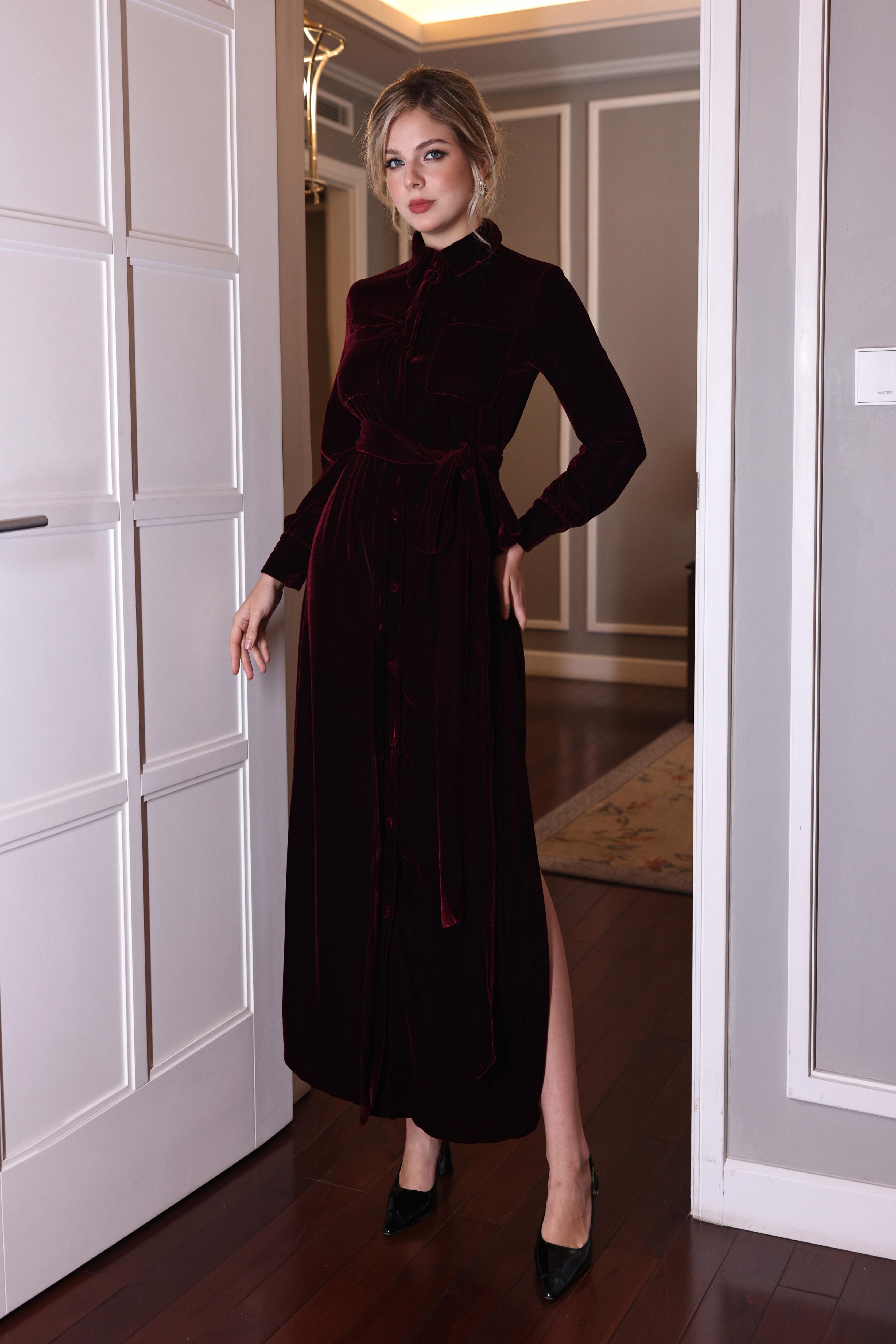 long sleeve velvet shirt dress