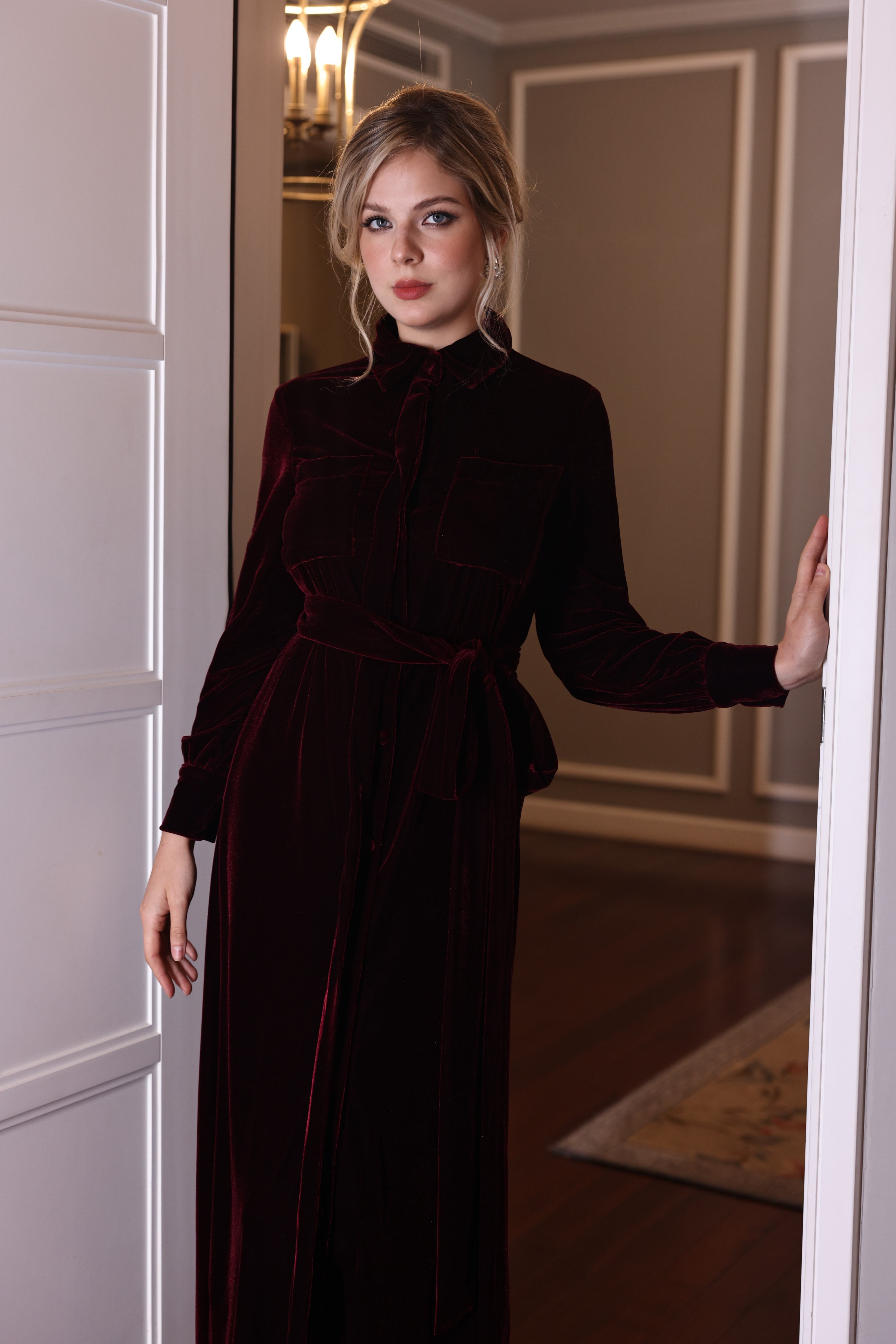 long sleeve velvet shirt dress