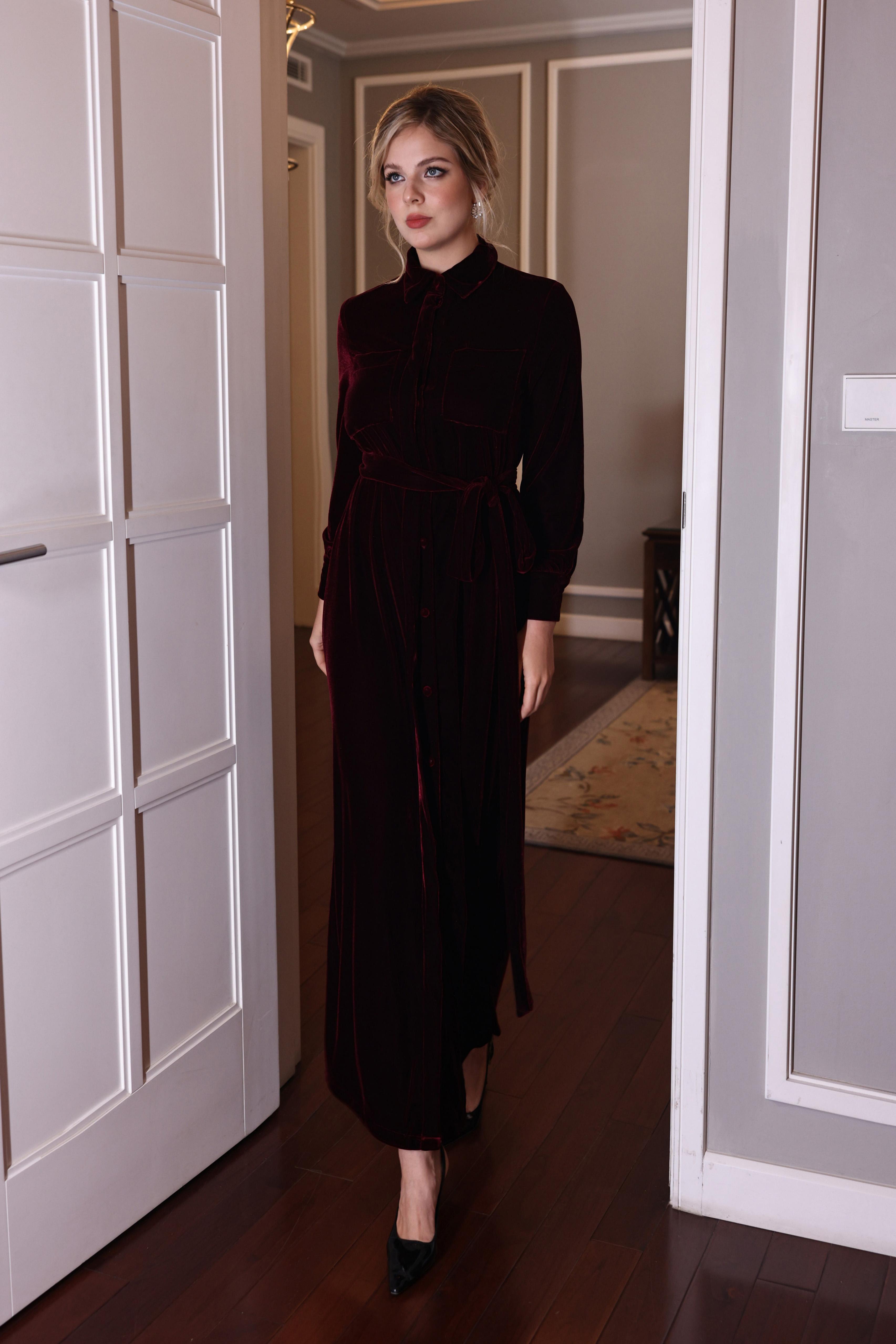 long sleeve velvet shirt dress