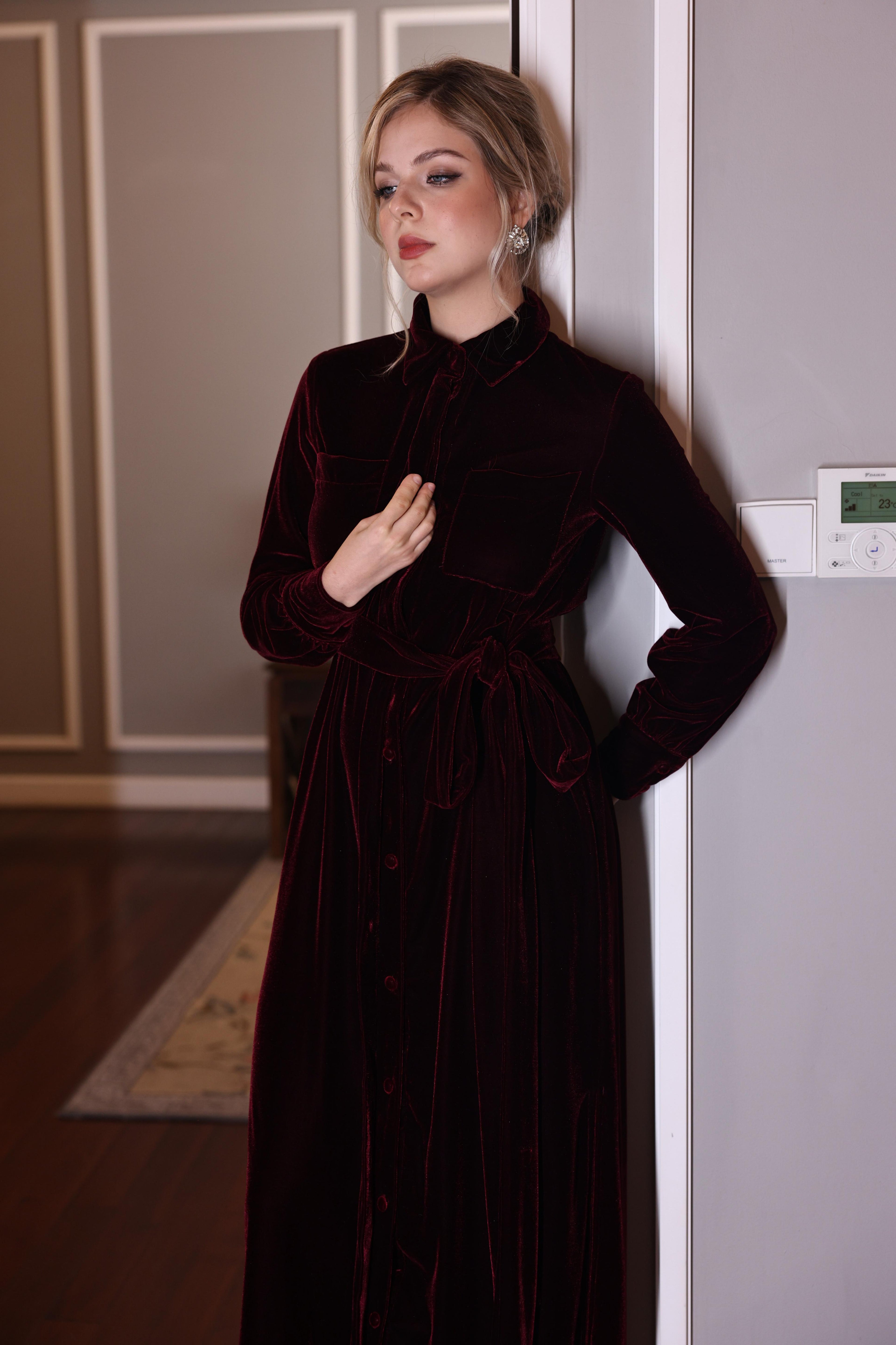 long sleeve velvet shirt dress