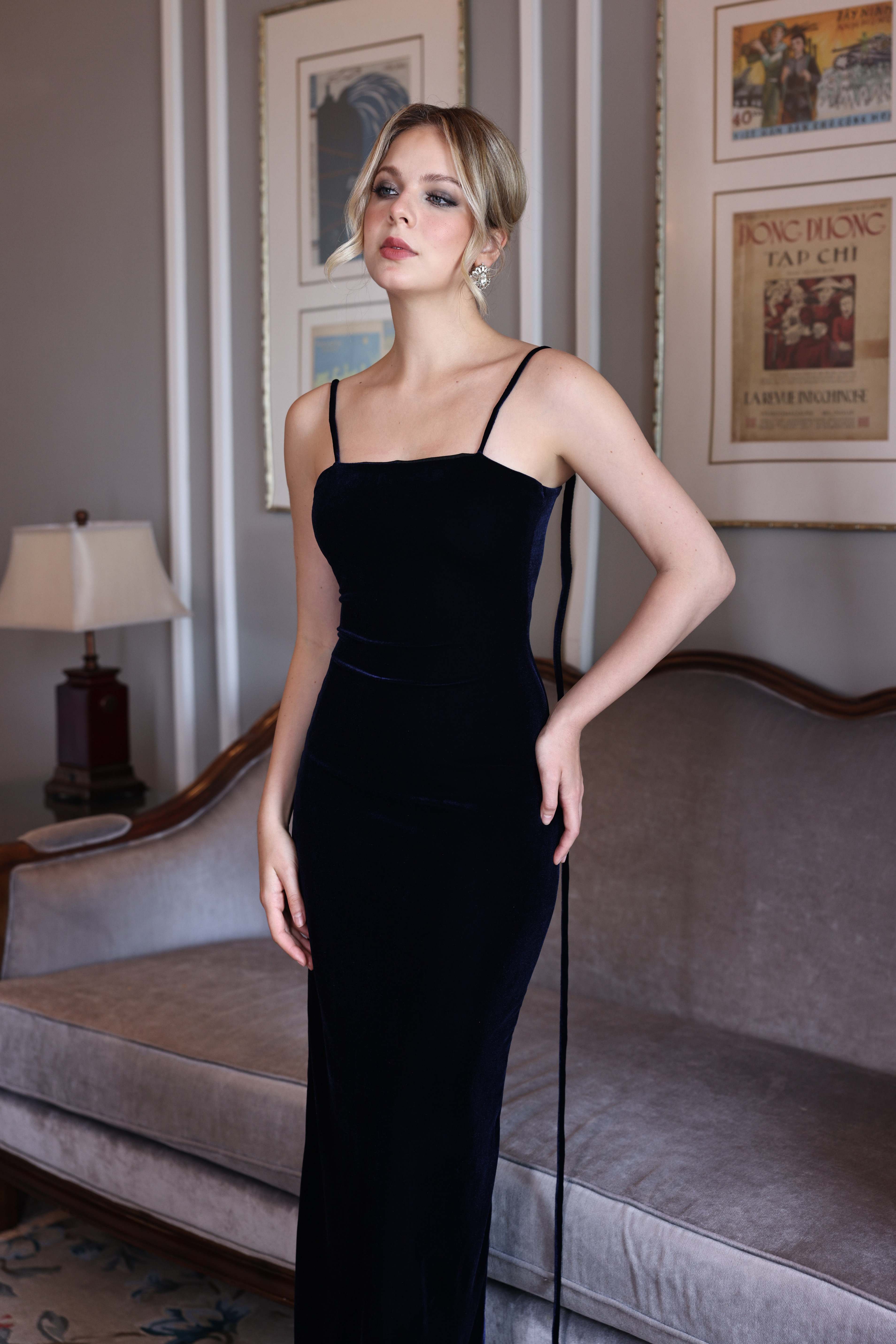 minimalist evening velvet dress