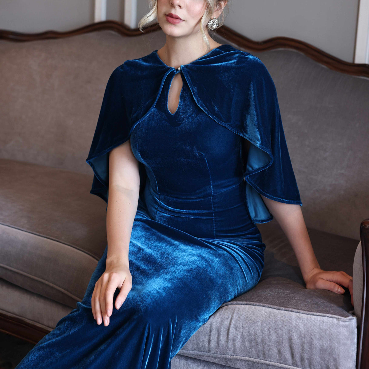 Modest blue velvet cape gown RACHEL MYAN ATELIER Modest blue velvet cape gown RACHEL MYAN ATELIER