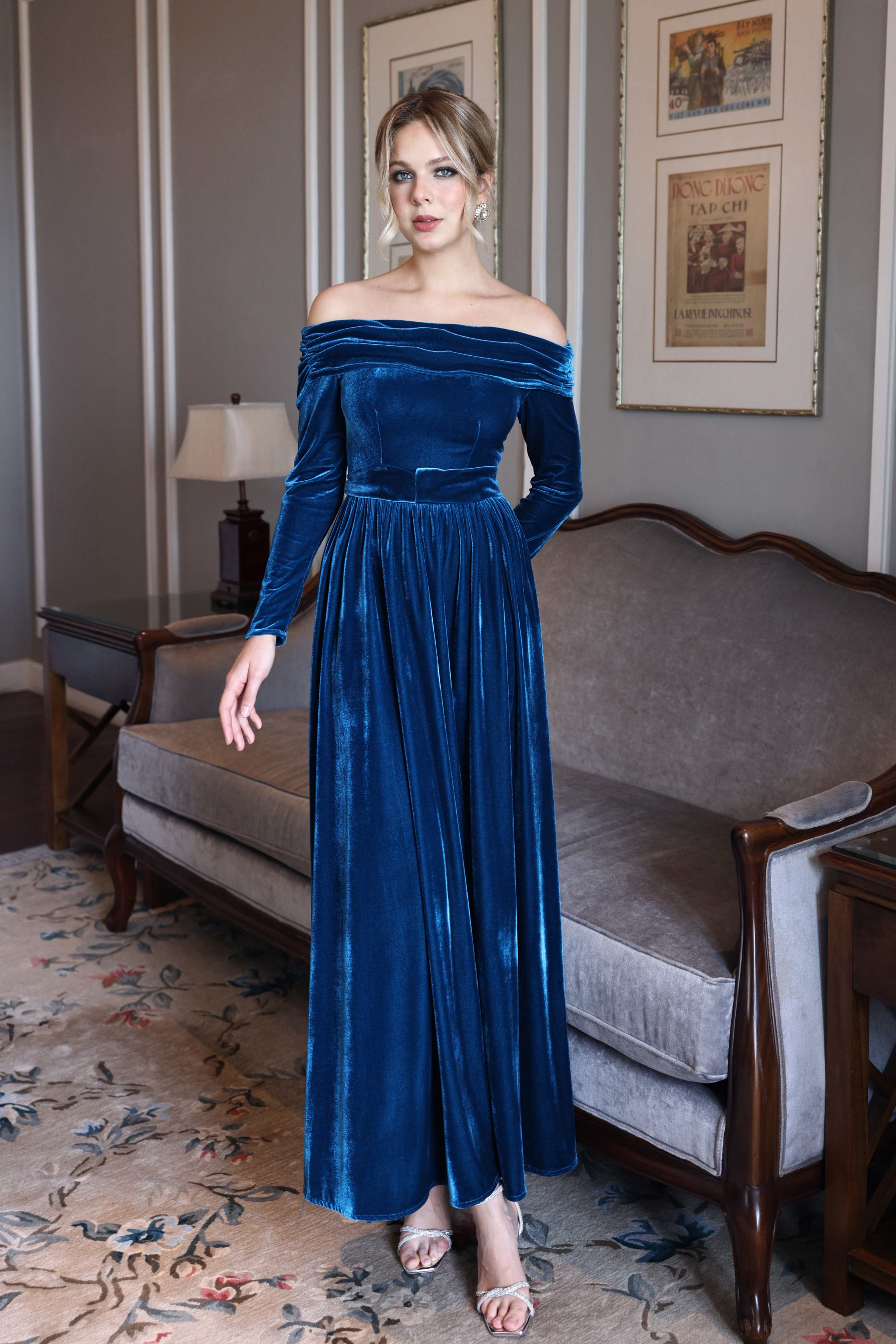 off-shoulder blue velvet gown