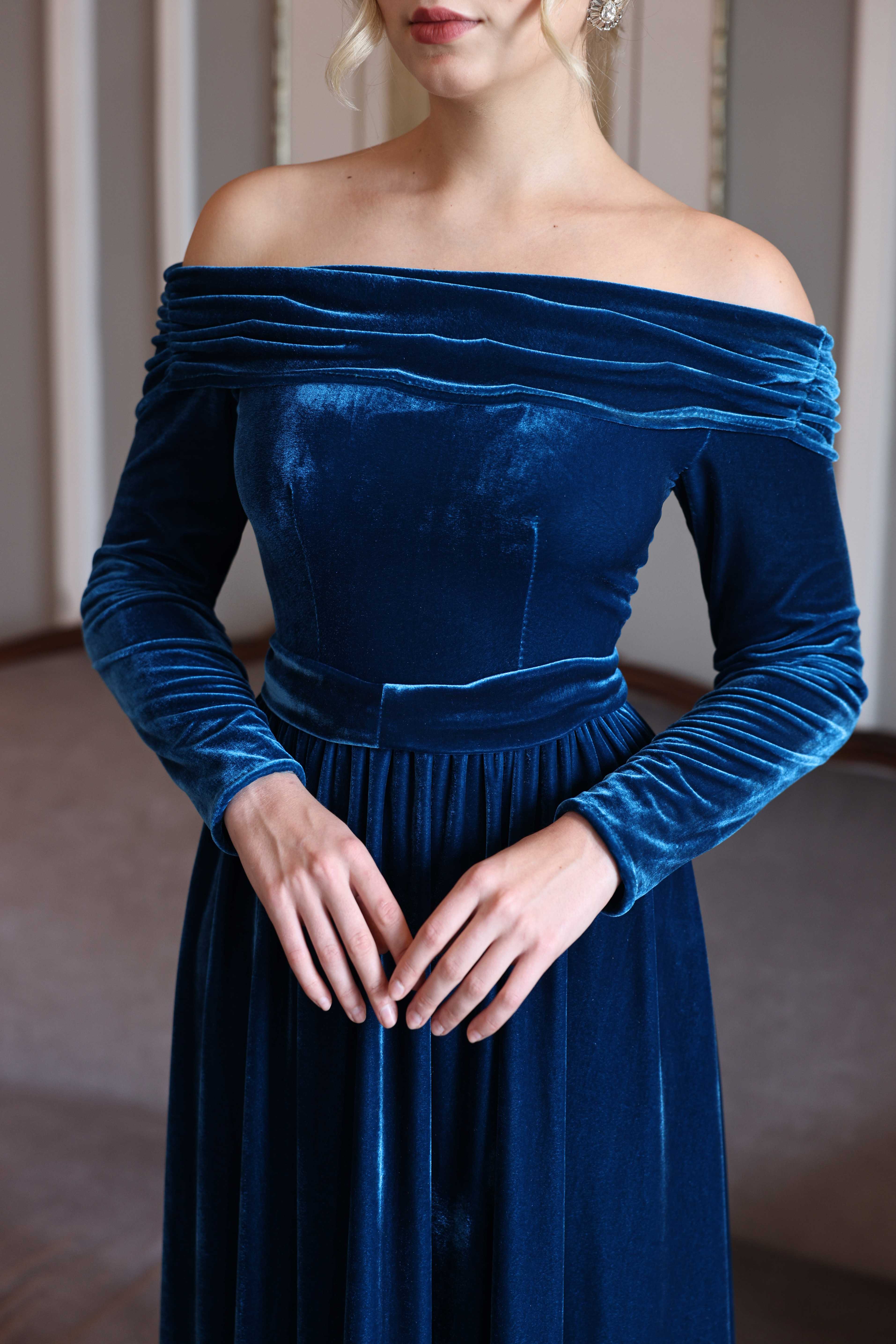 off-shoulder blue velvet gown