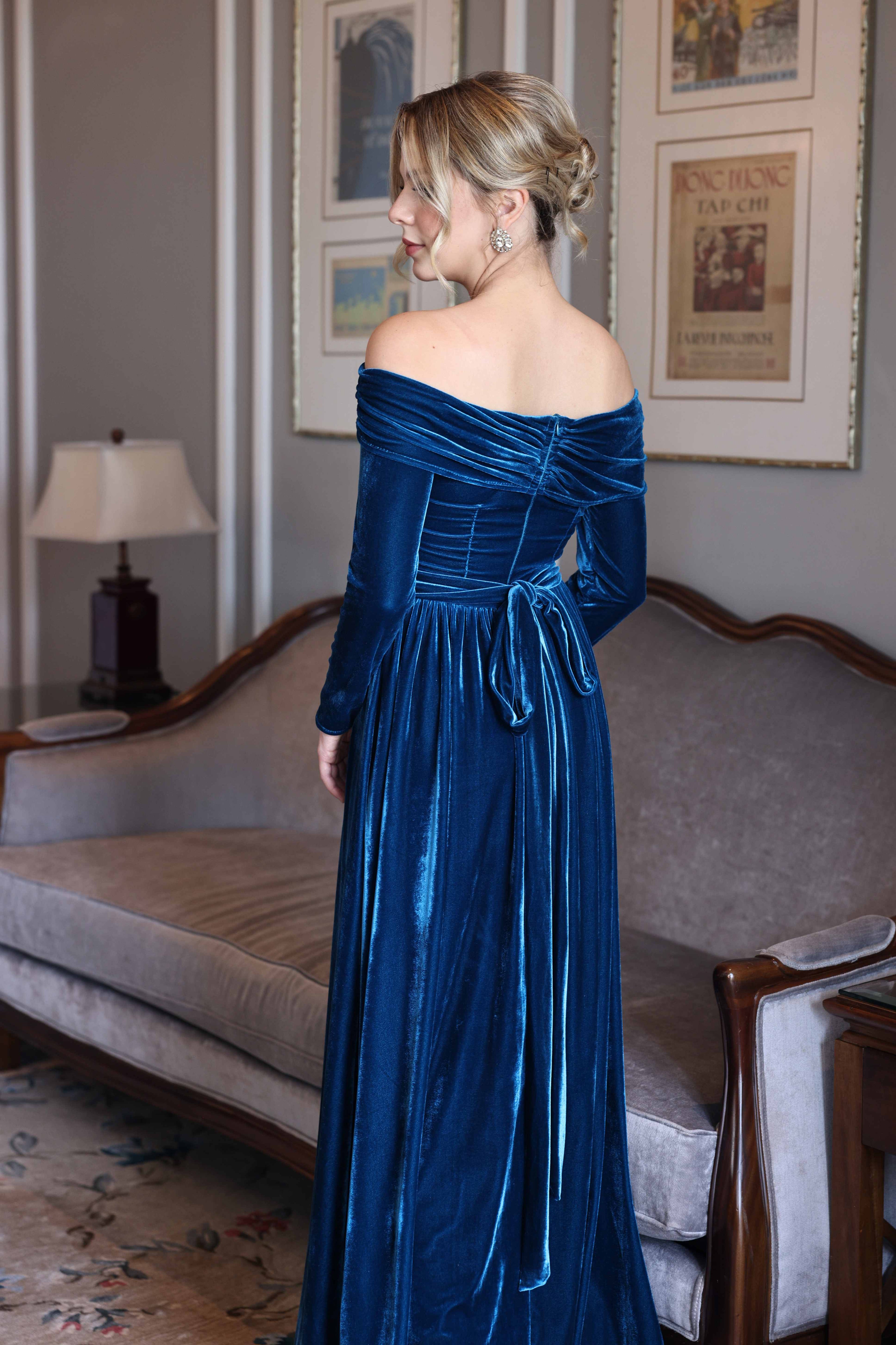 off-shoulder blue velvet gown