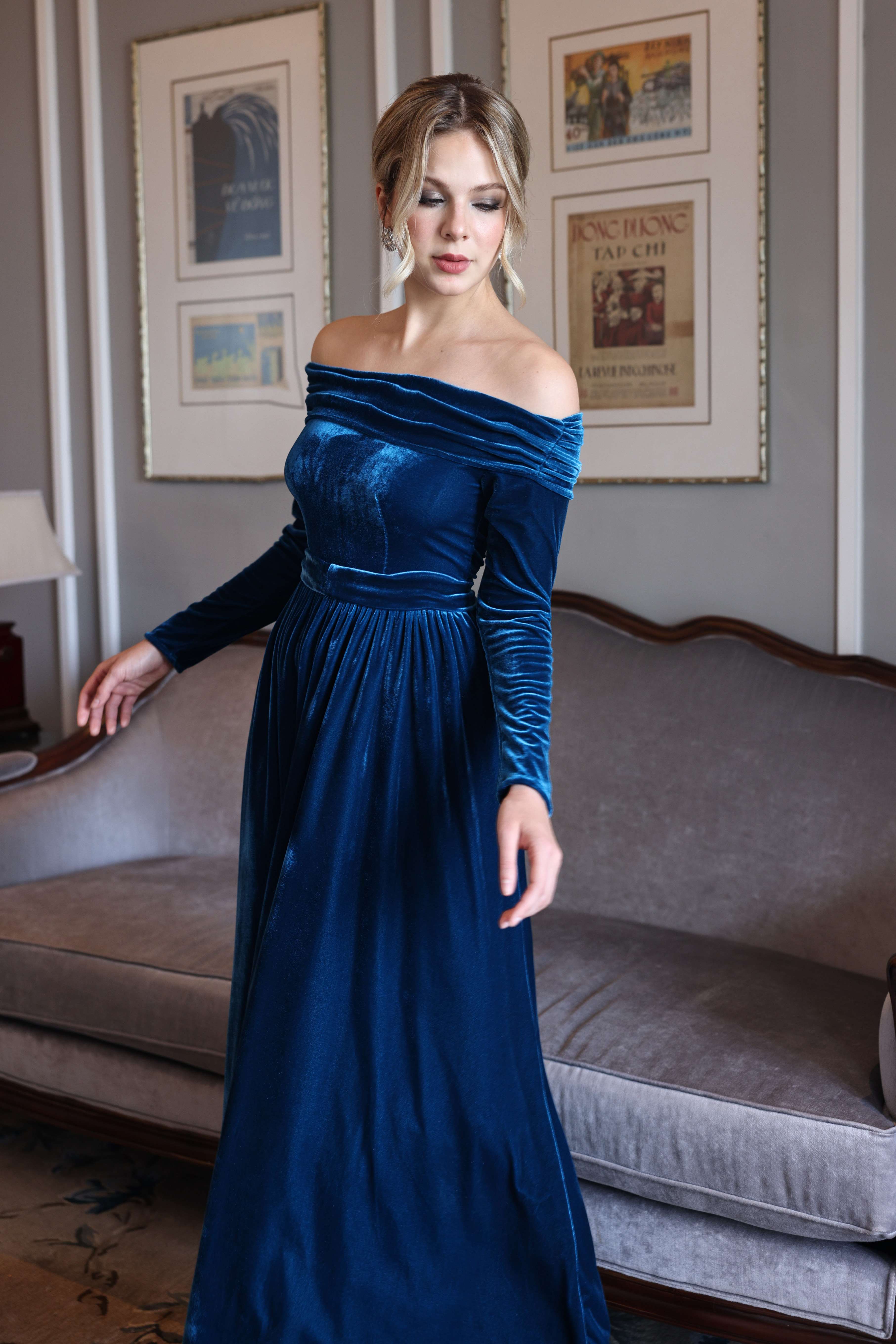 off-shoulder blue velvet gown