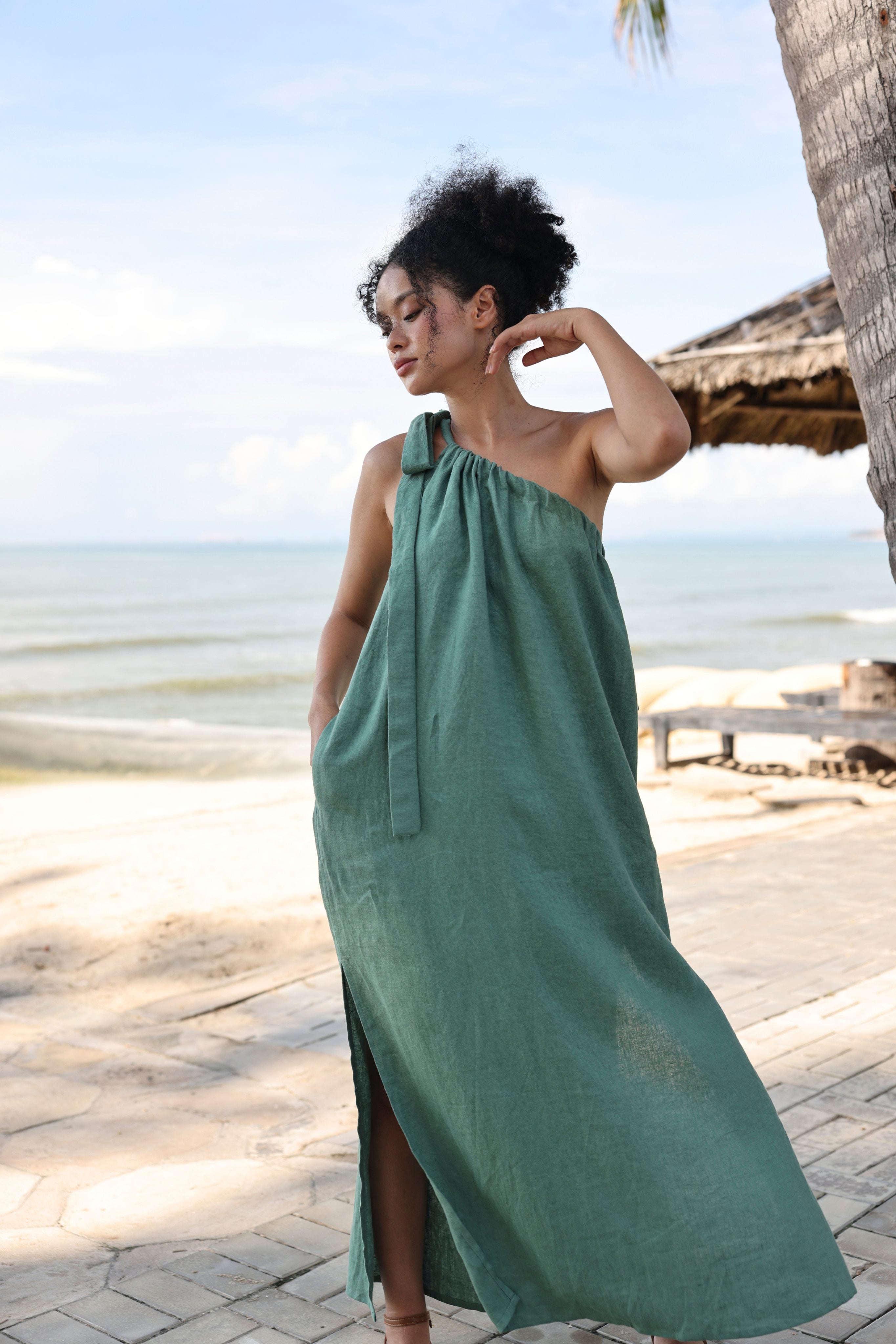 One shoulder linen dress