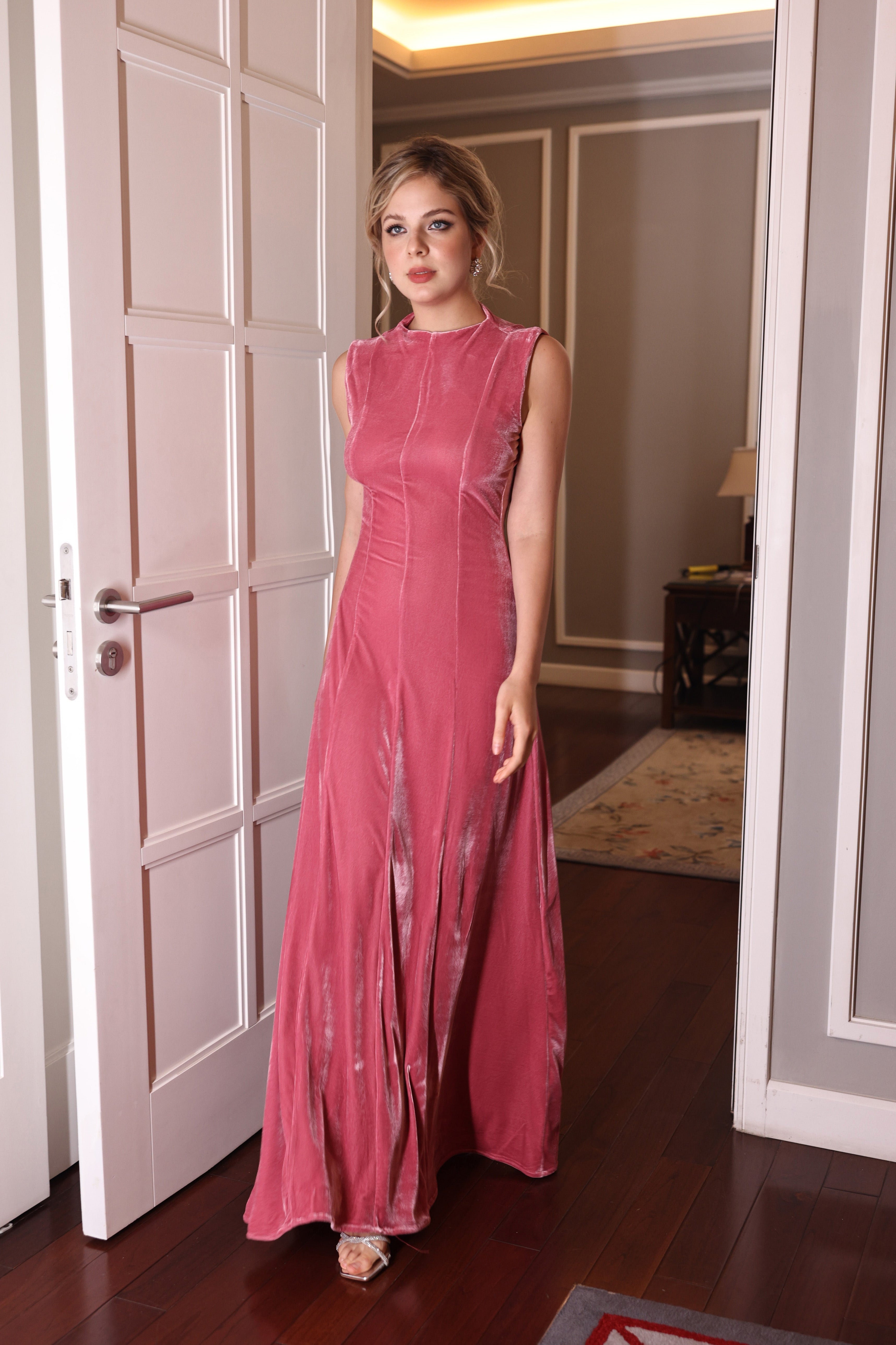 pink velvet floor-length dress