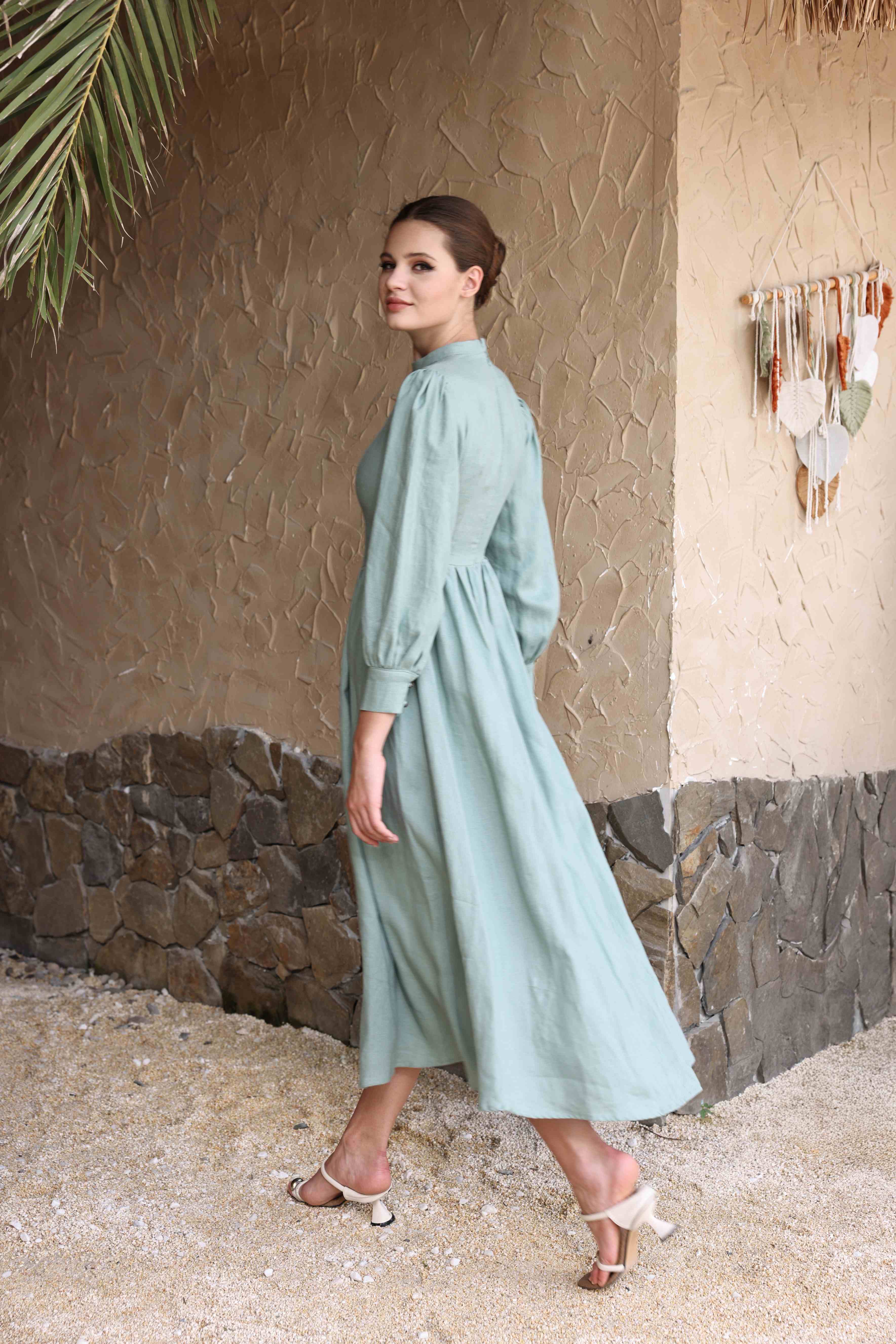 Pleated bodice linen dress