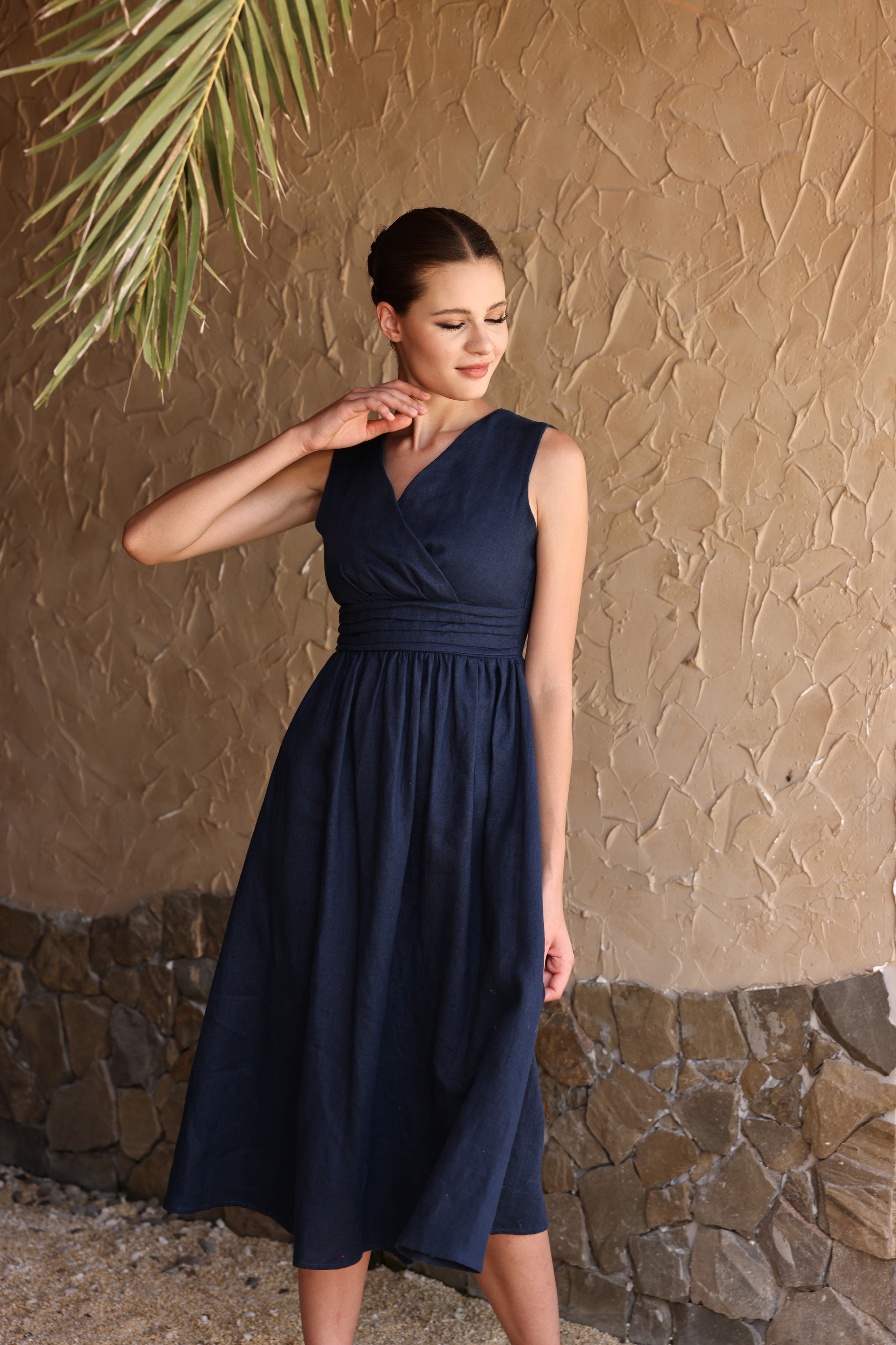 Linen pleated waist midi dress