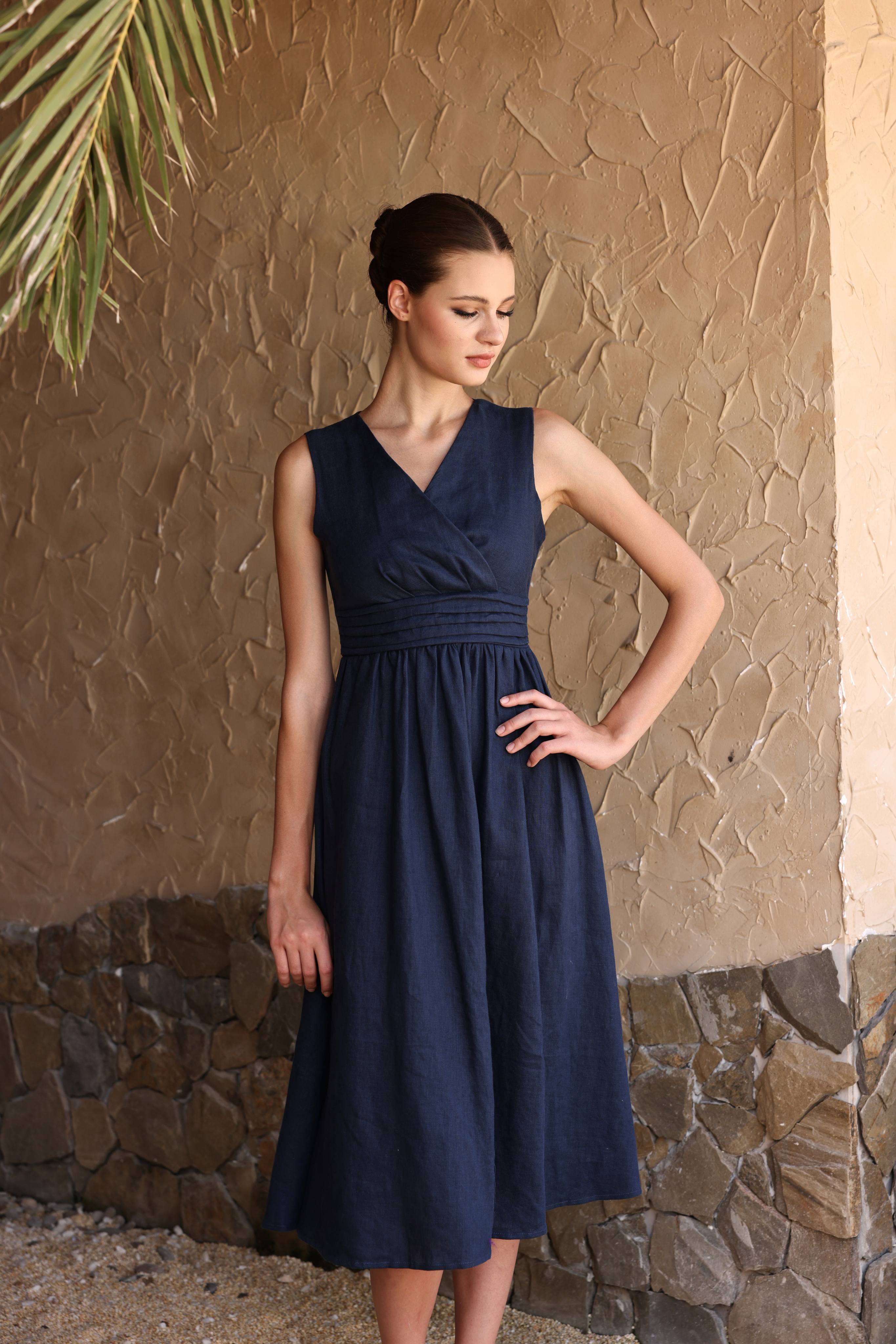 Linen pleated waist midi dress