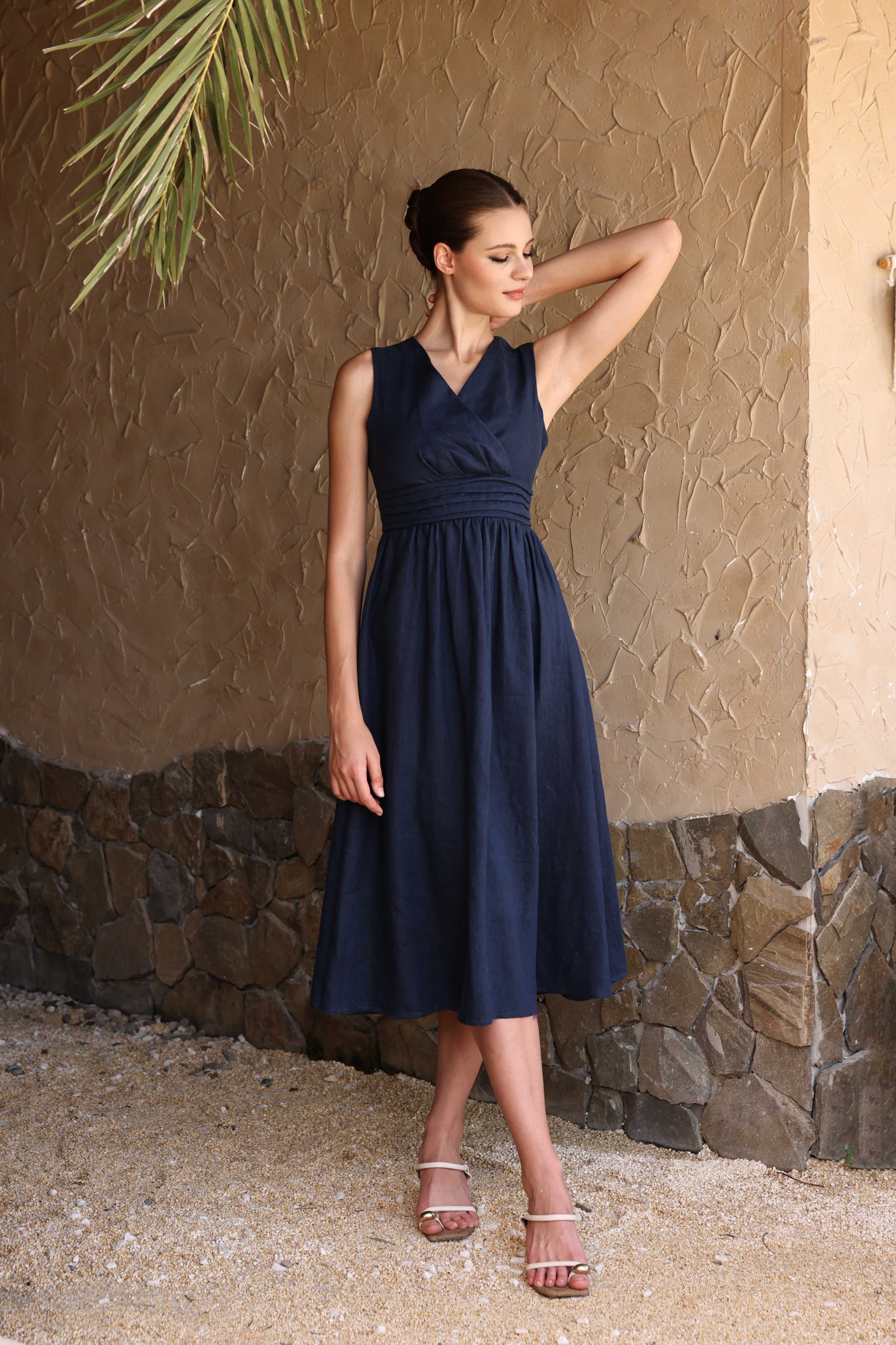 Linen pleated waist midi dress