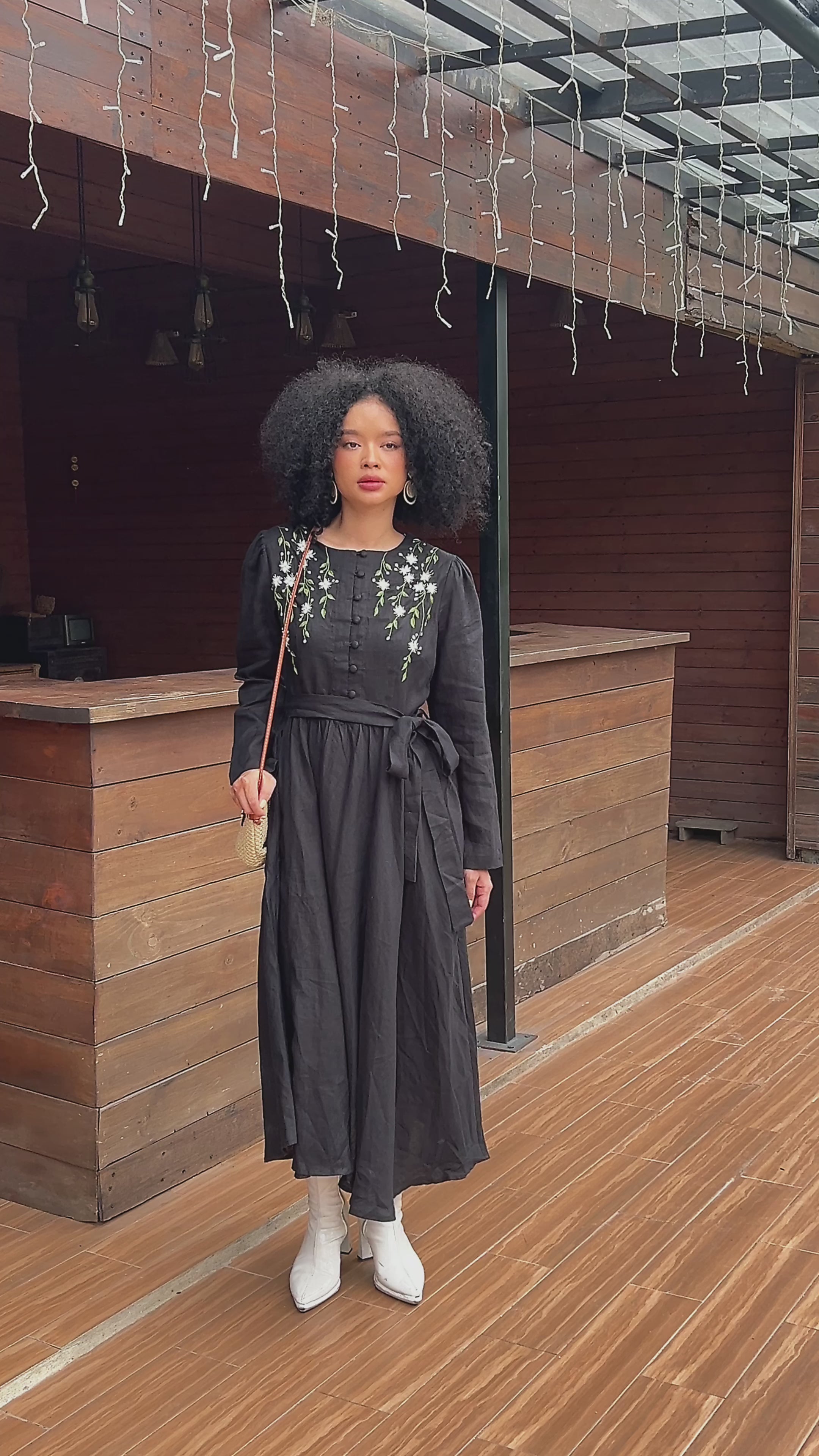 Hand-embroidered linen long sleeve dress