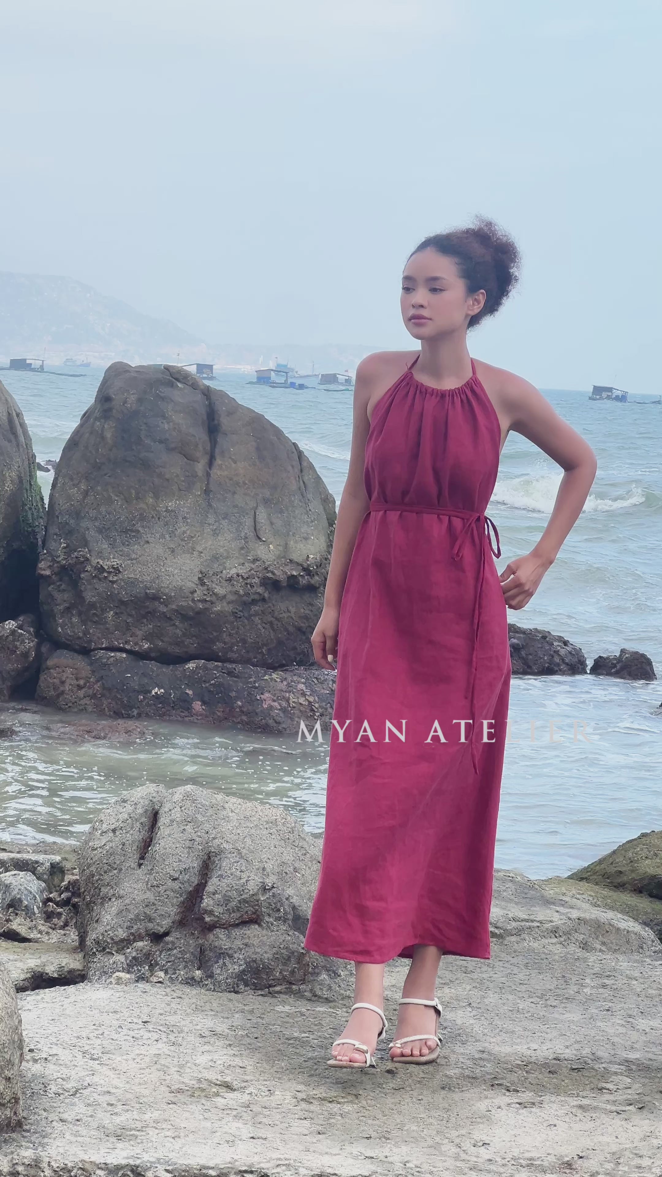 Tie neck linen dress