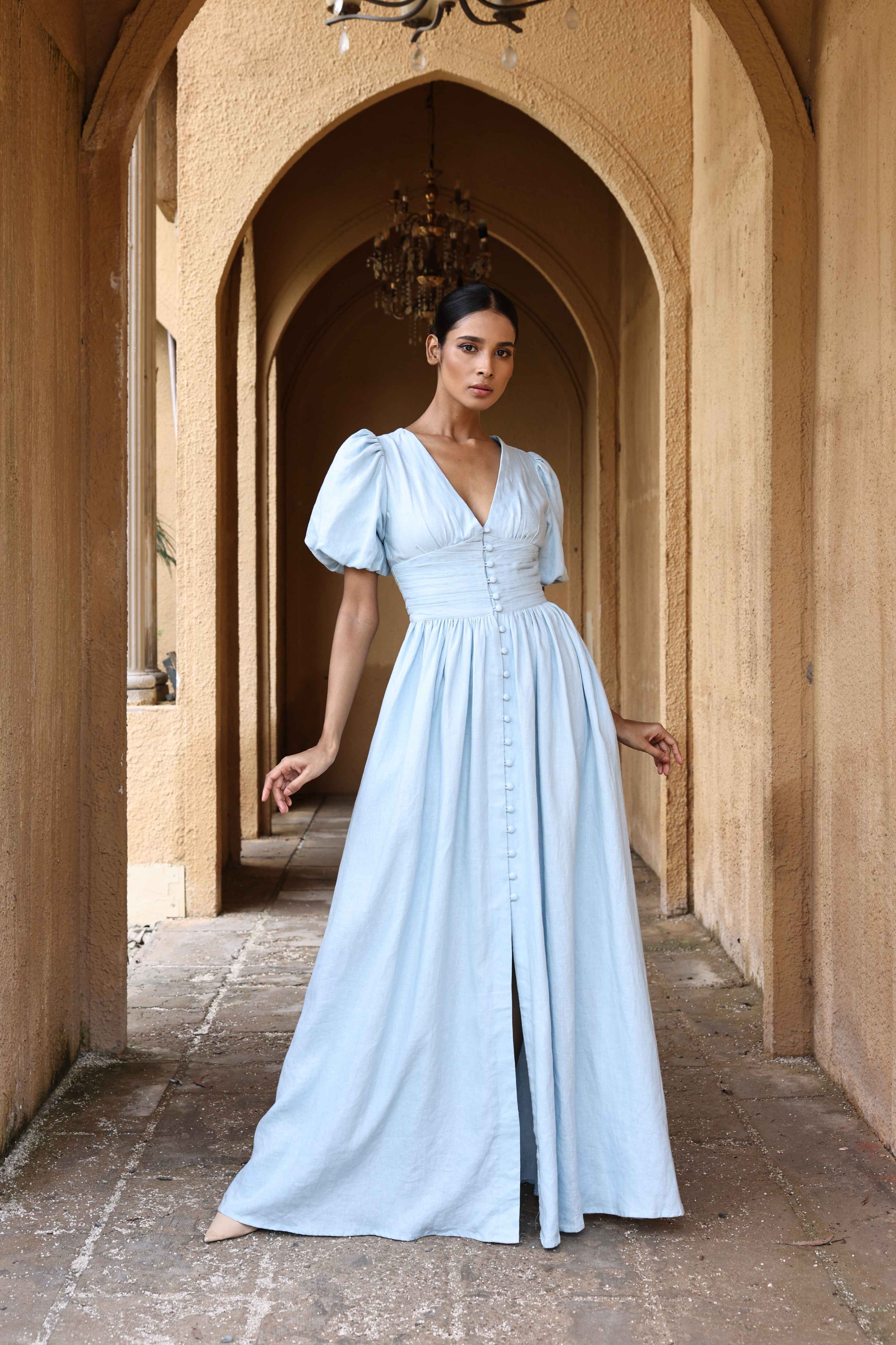 Blue puff sleeve linen maxi dress
