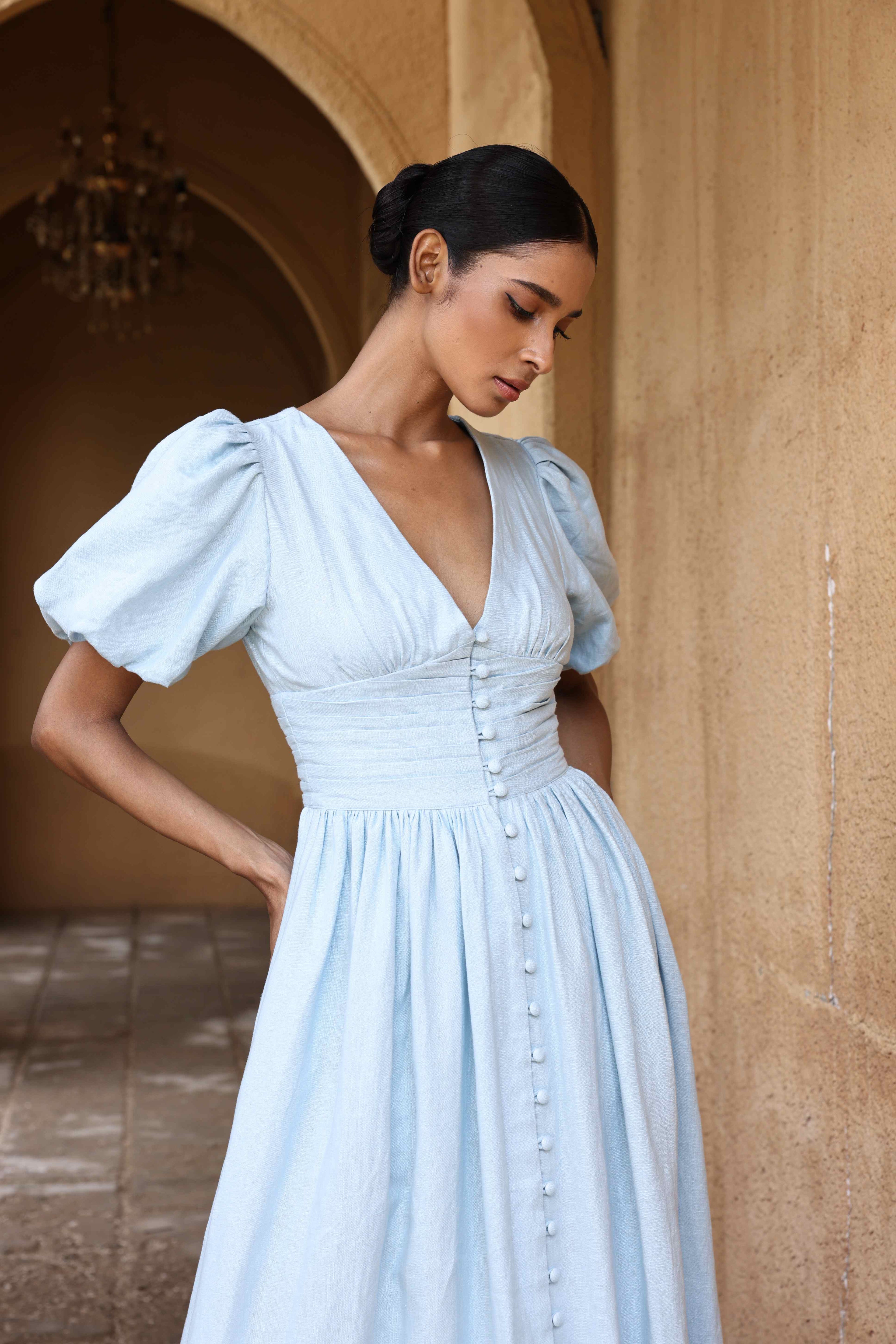 Blue puff sleeve linen maxi dress