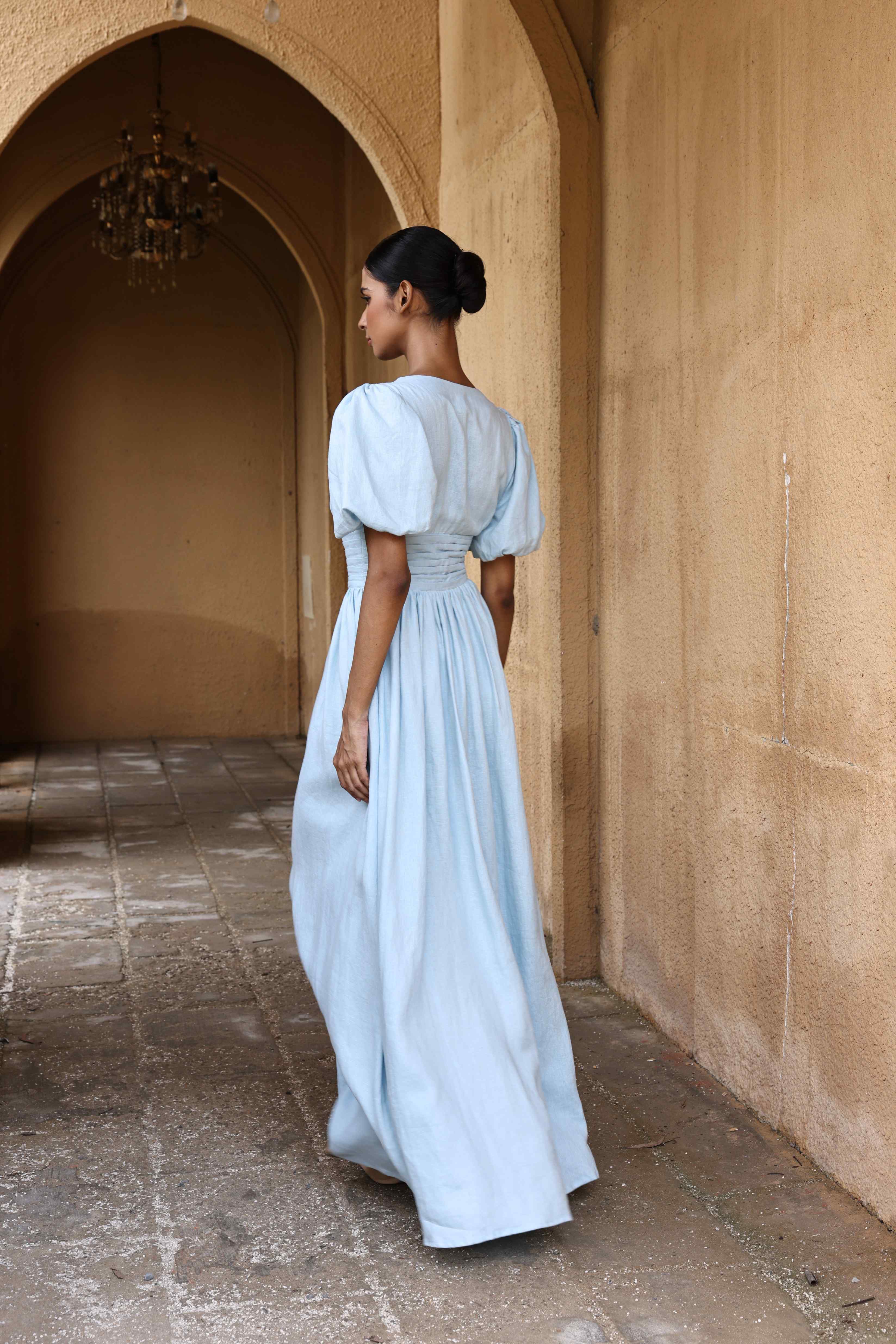 Blue puff sleeve linen maxi dress