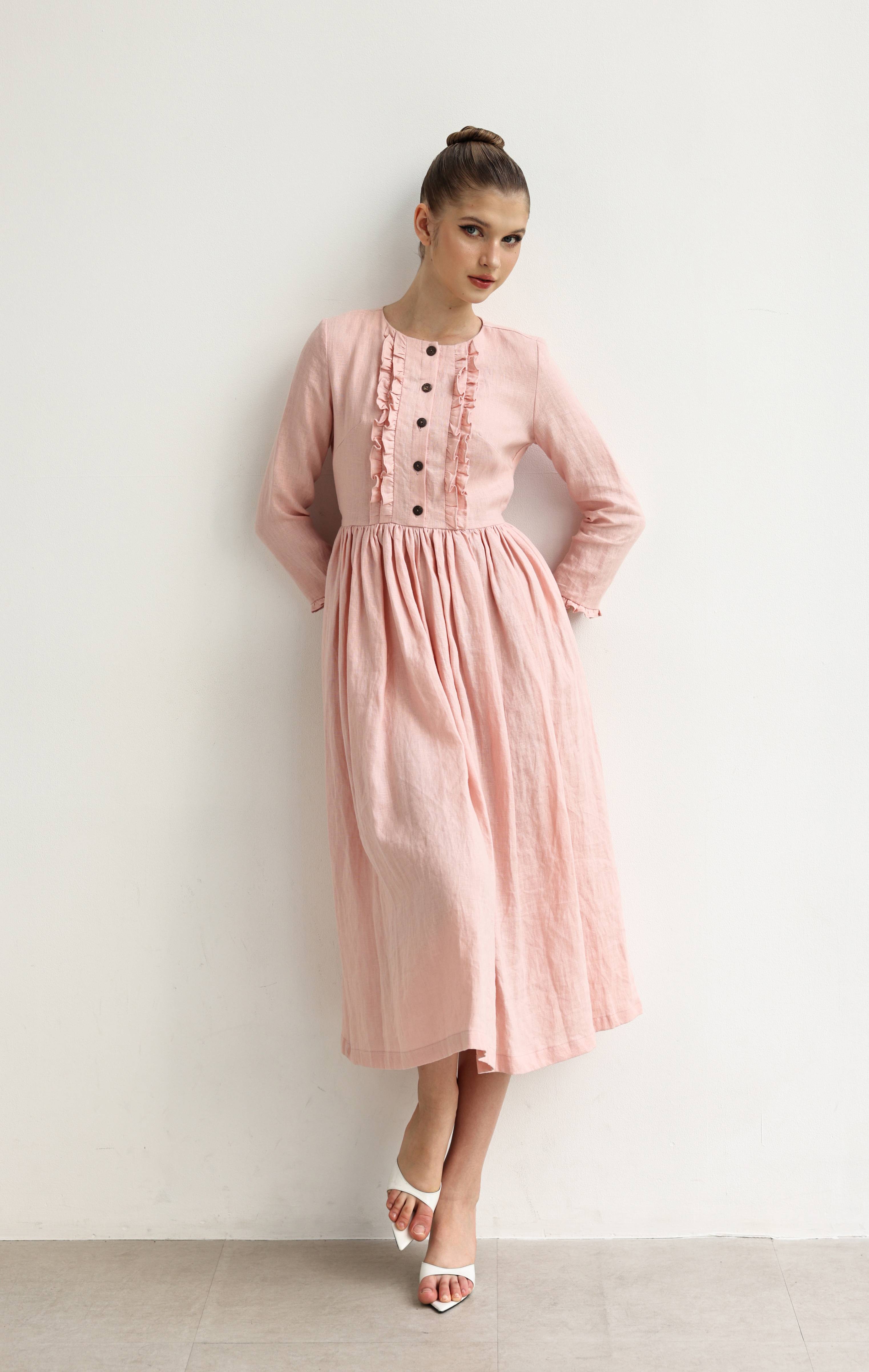 Ruffle front linen dress