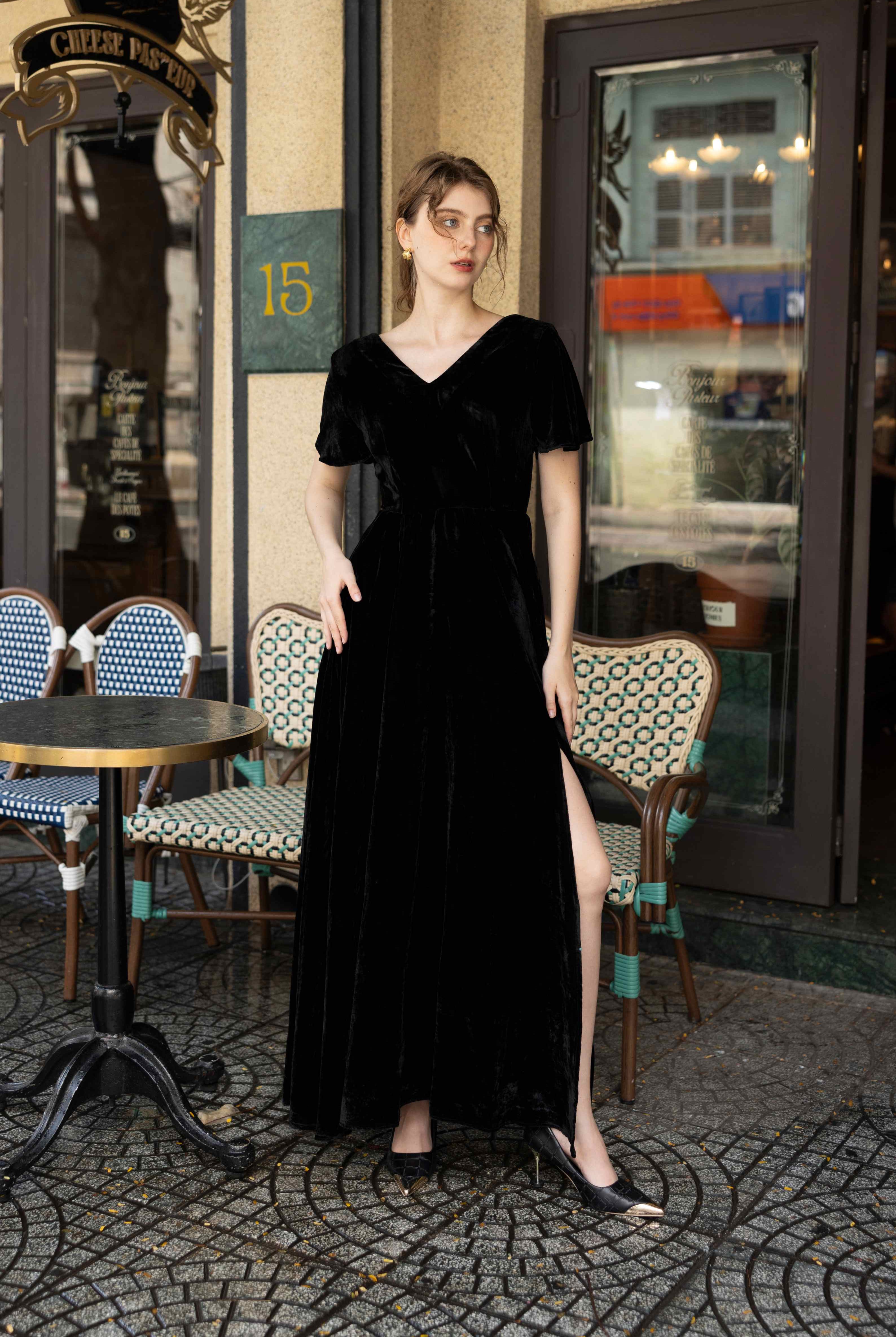Short sleeve velvet formal dress