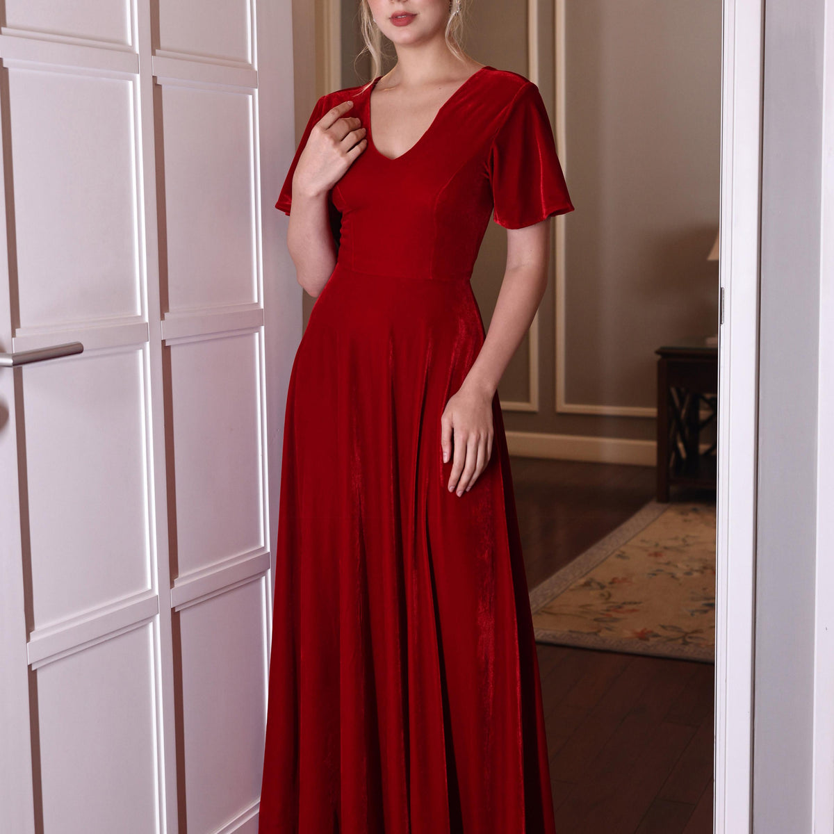 Short sleeve velvet holiday gown THALIA  MYAN ATELIER
