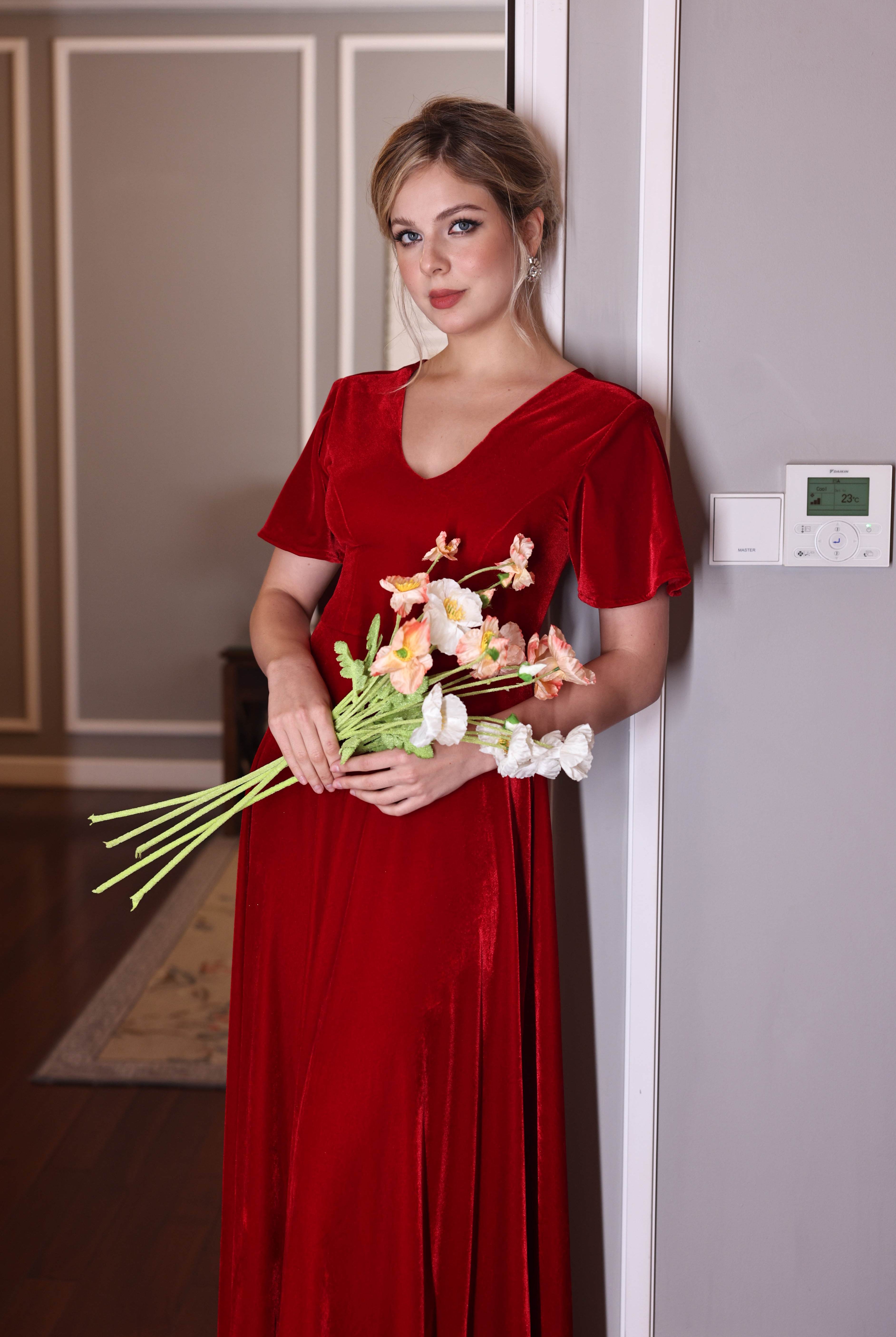 short sleeve velvet holiday gown