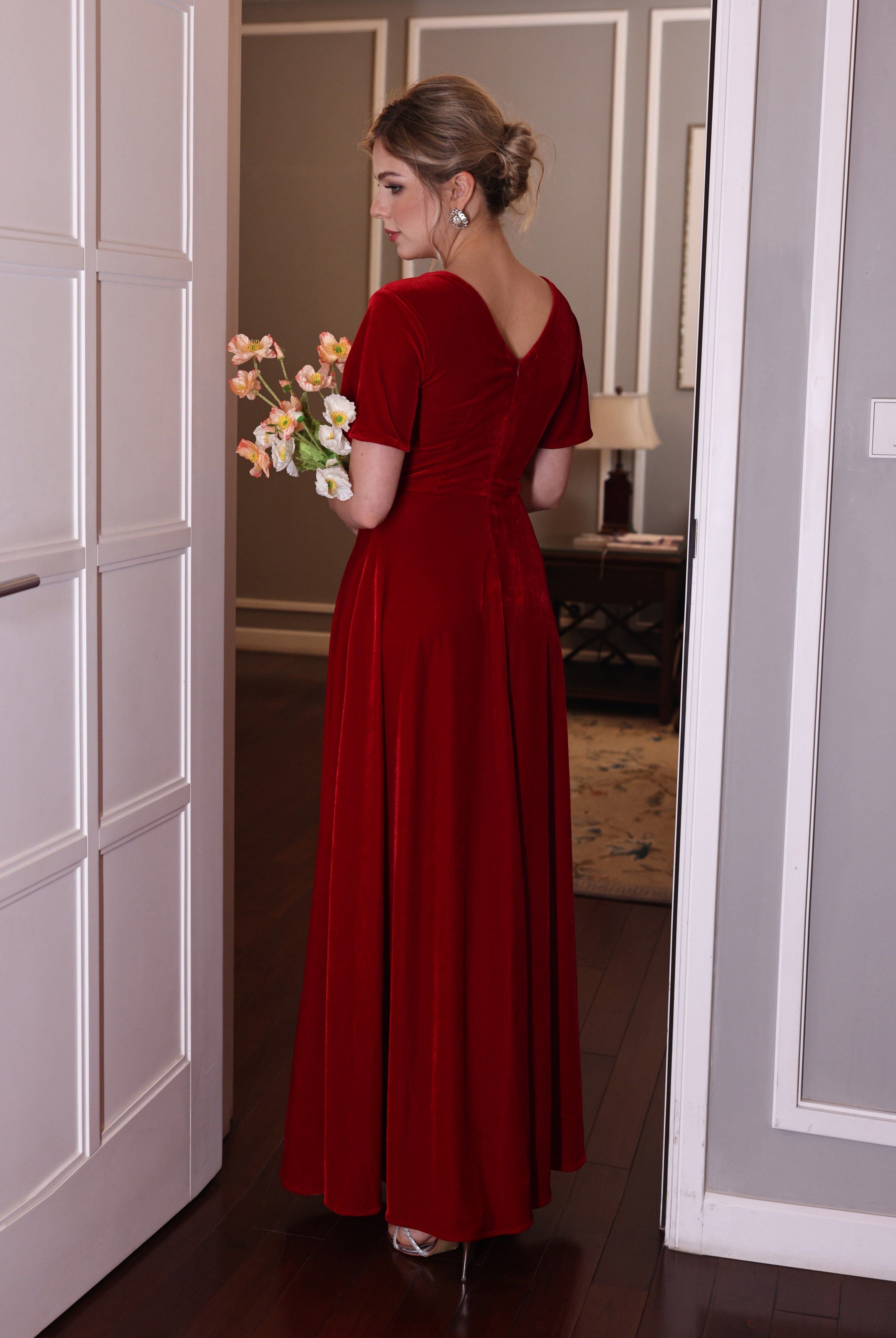 short sleeve velvet holiday gown