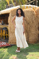 sleeveless pleated linen dress