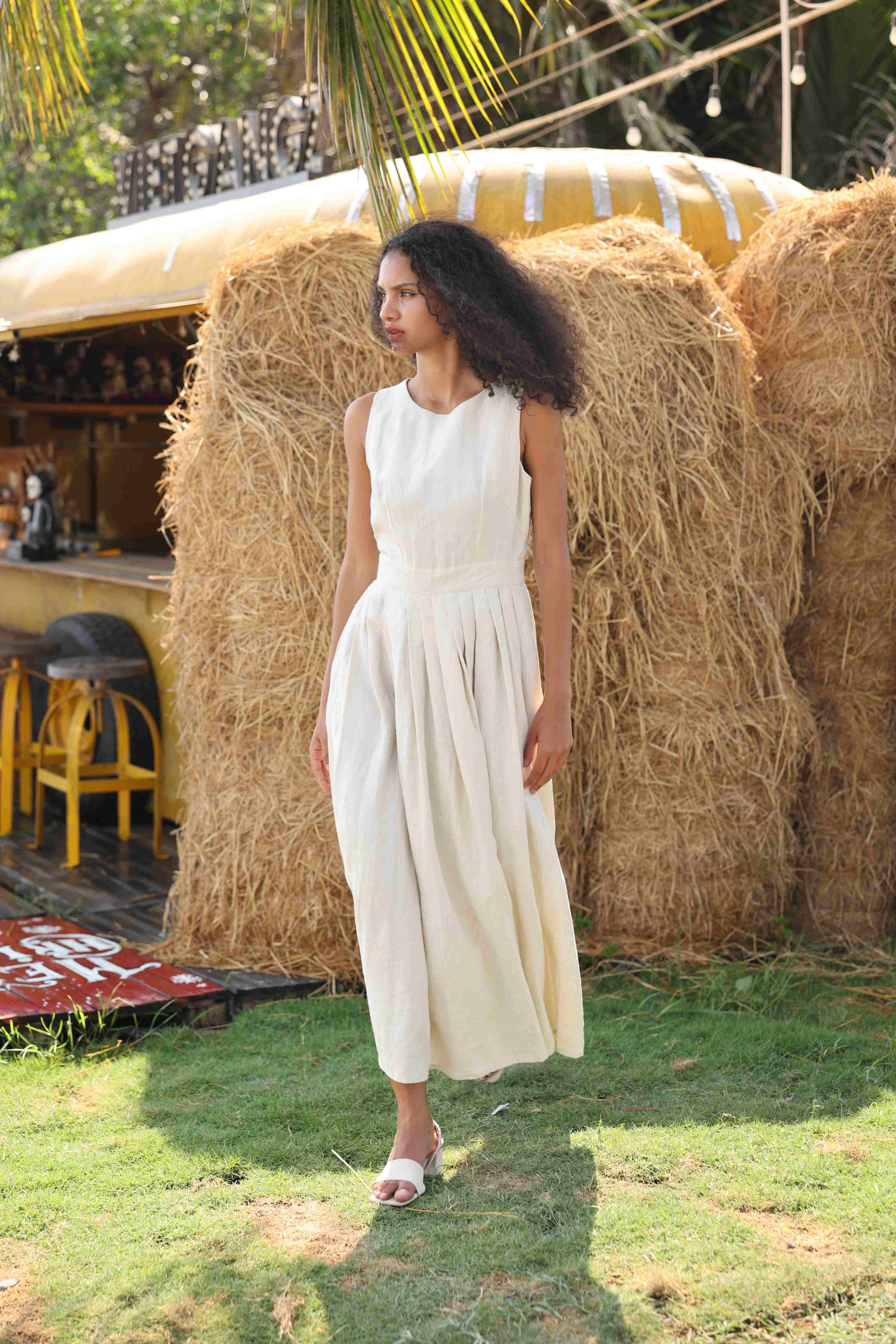 sleeveless pleated linen dress