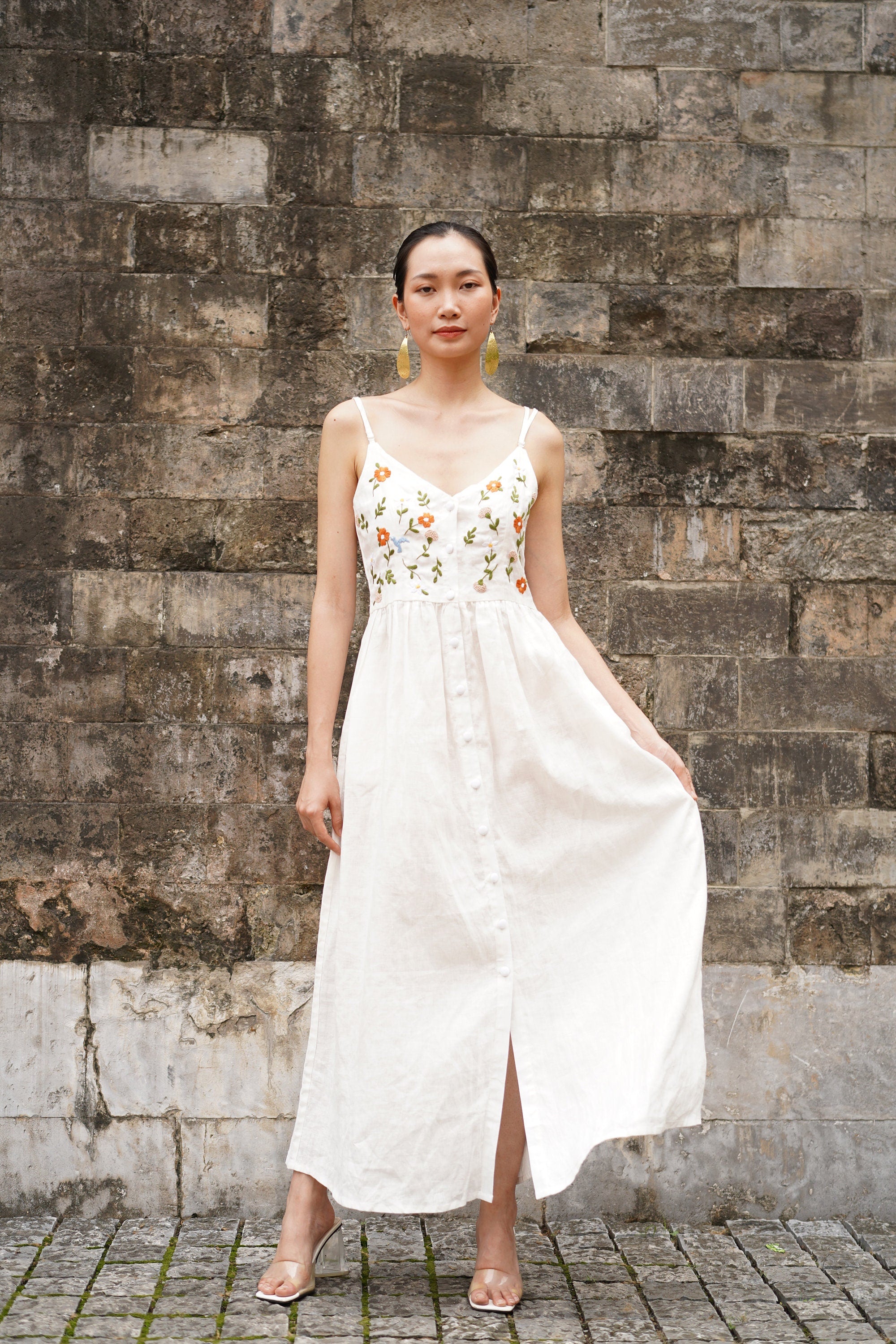 Spaghetti strap embroidered linen dress