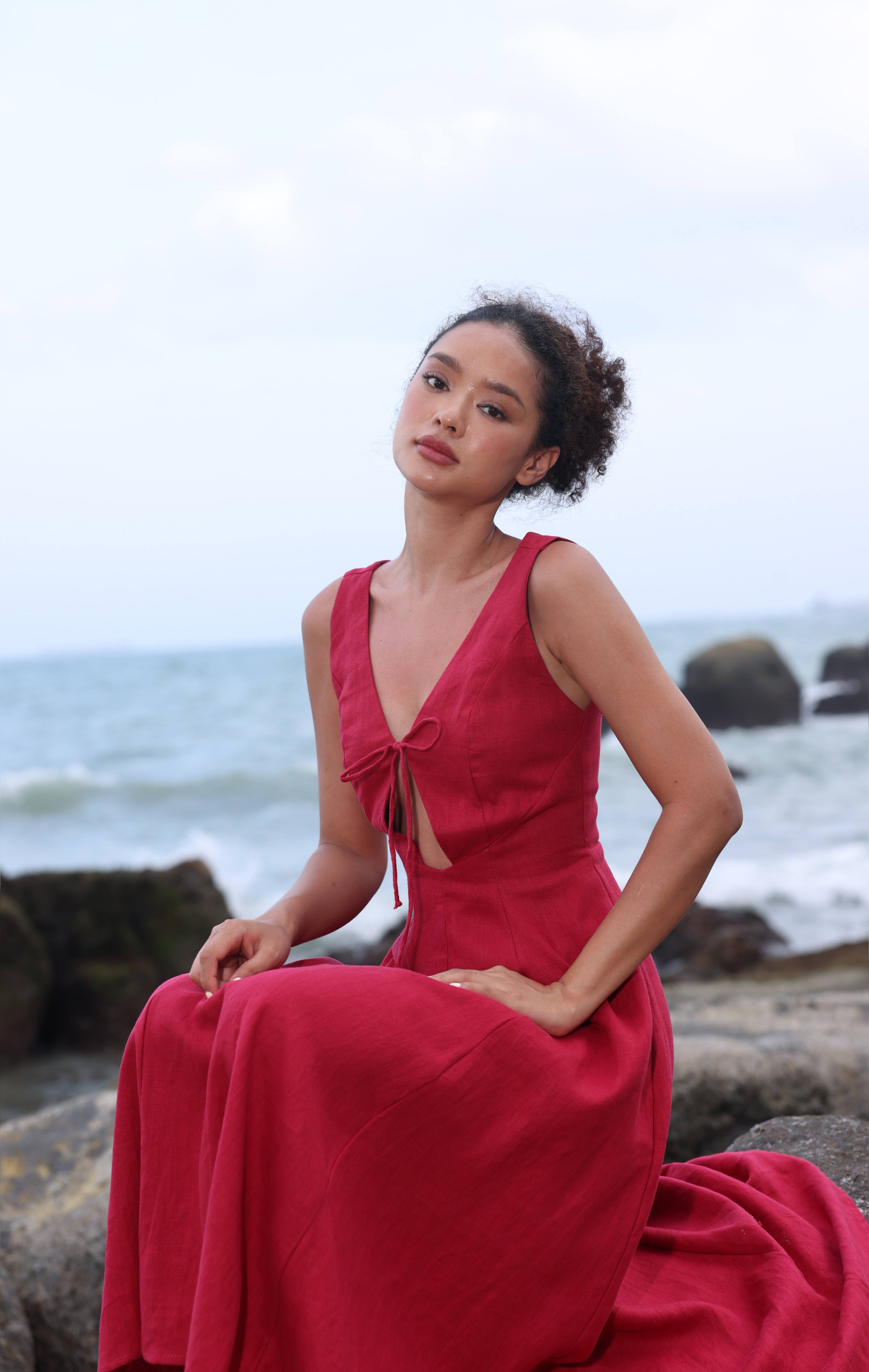 Tie front linen dress