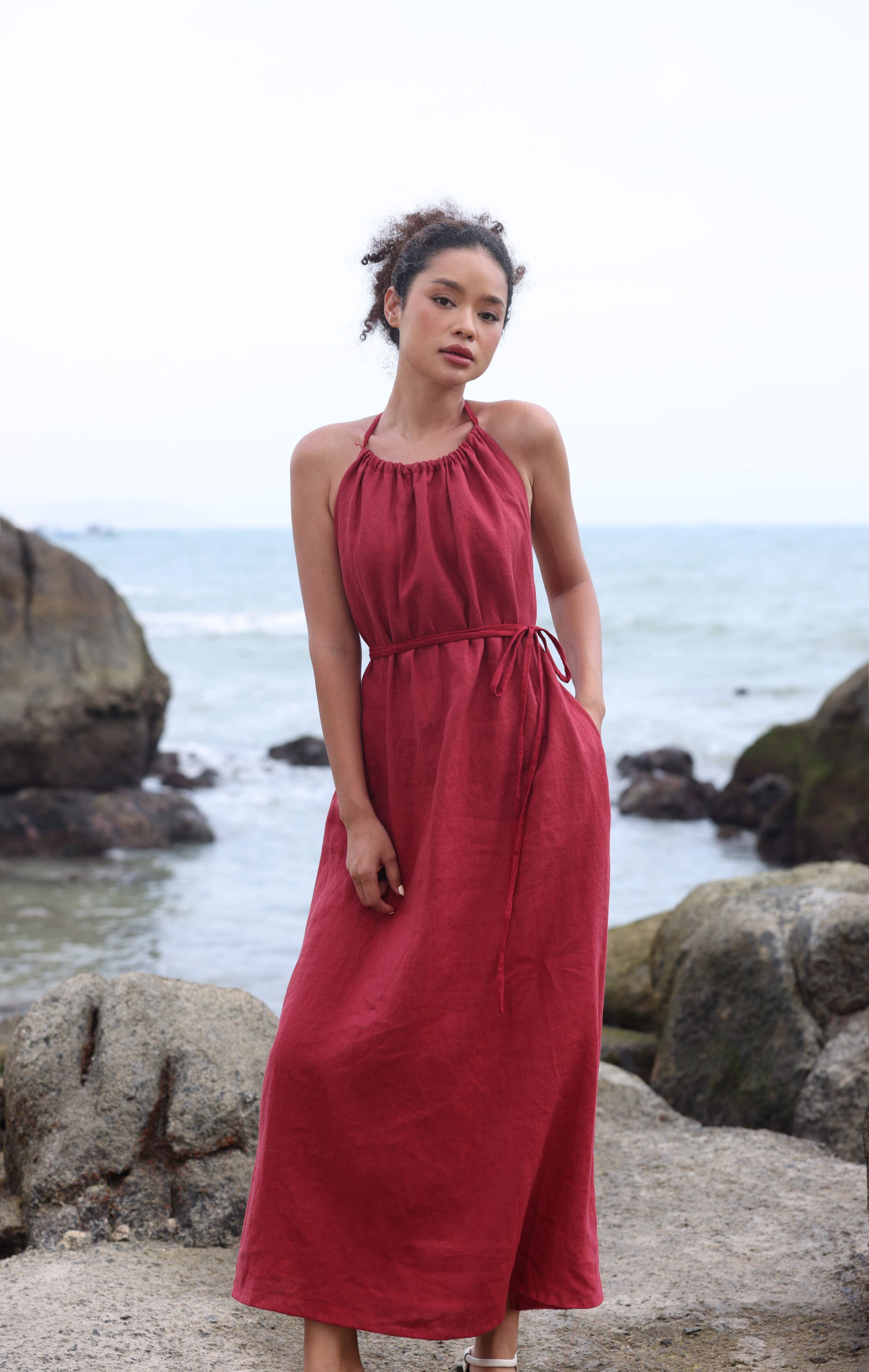 Tie neck linen dress