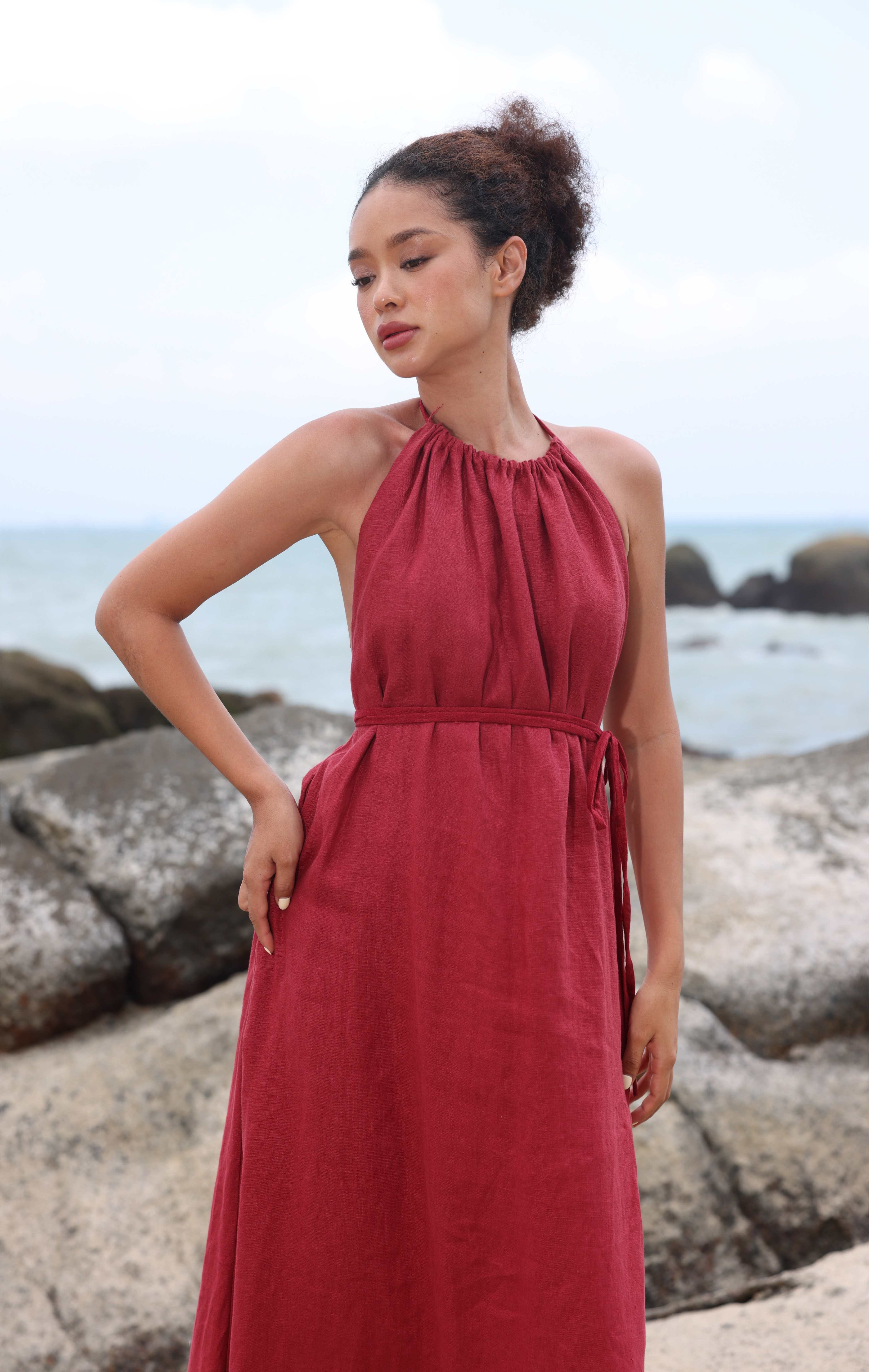 Tie neck linen dress