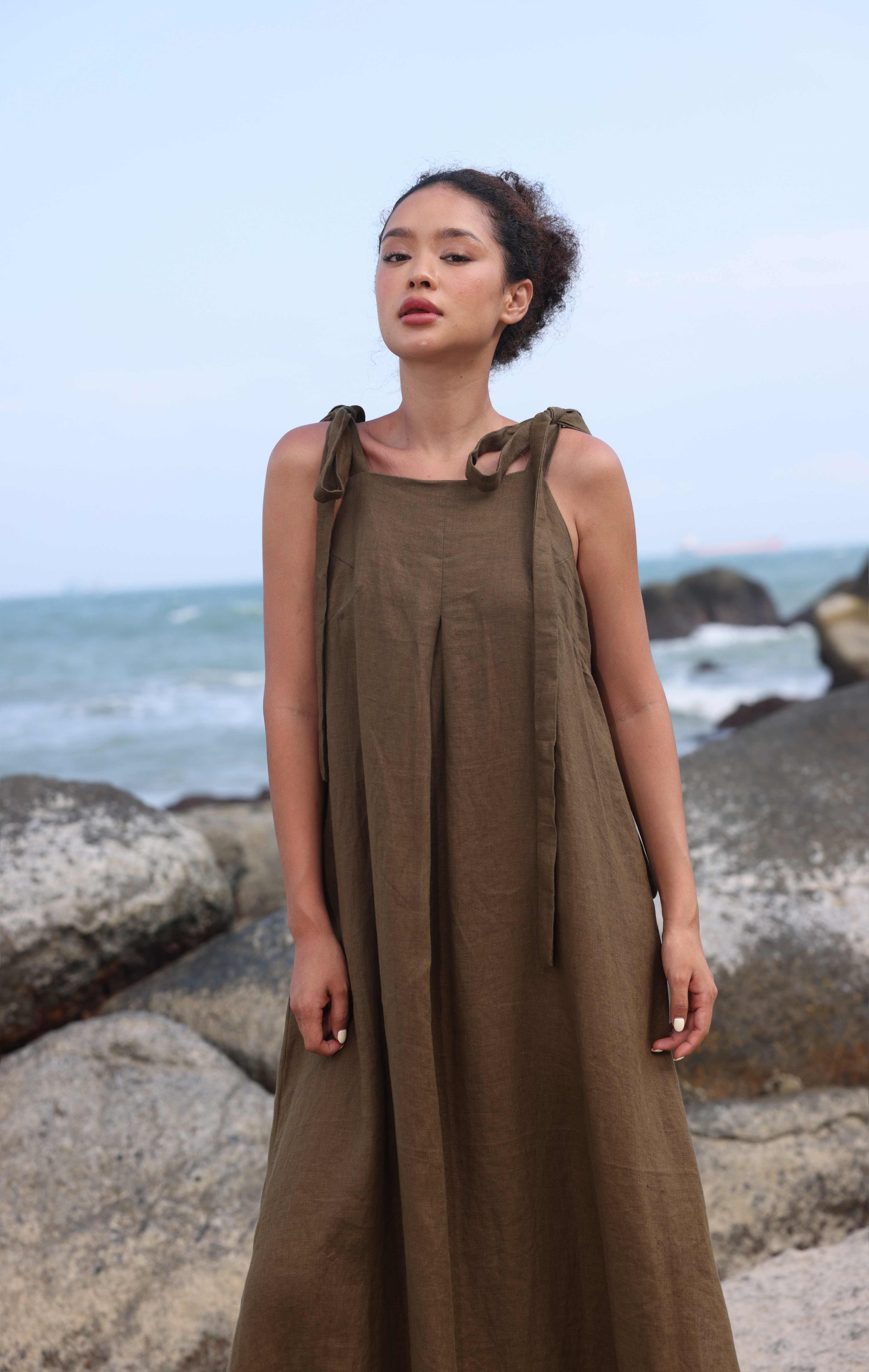 Tie shoulder linen dress