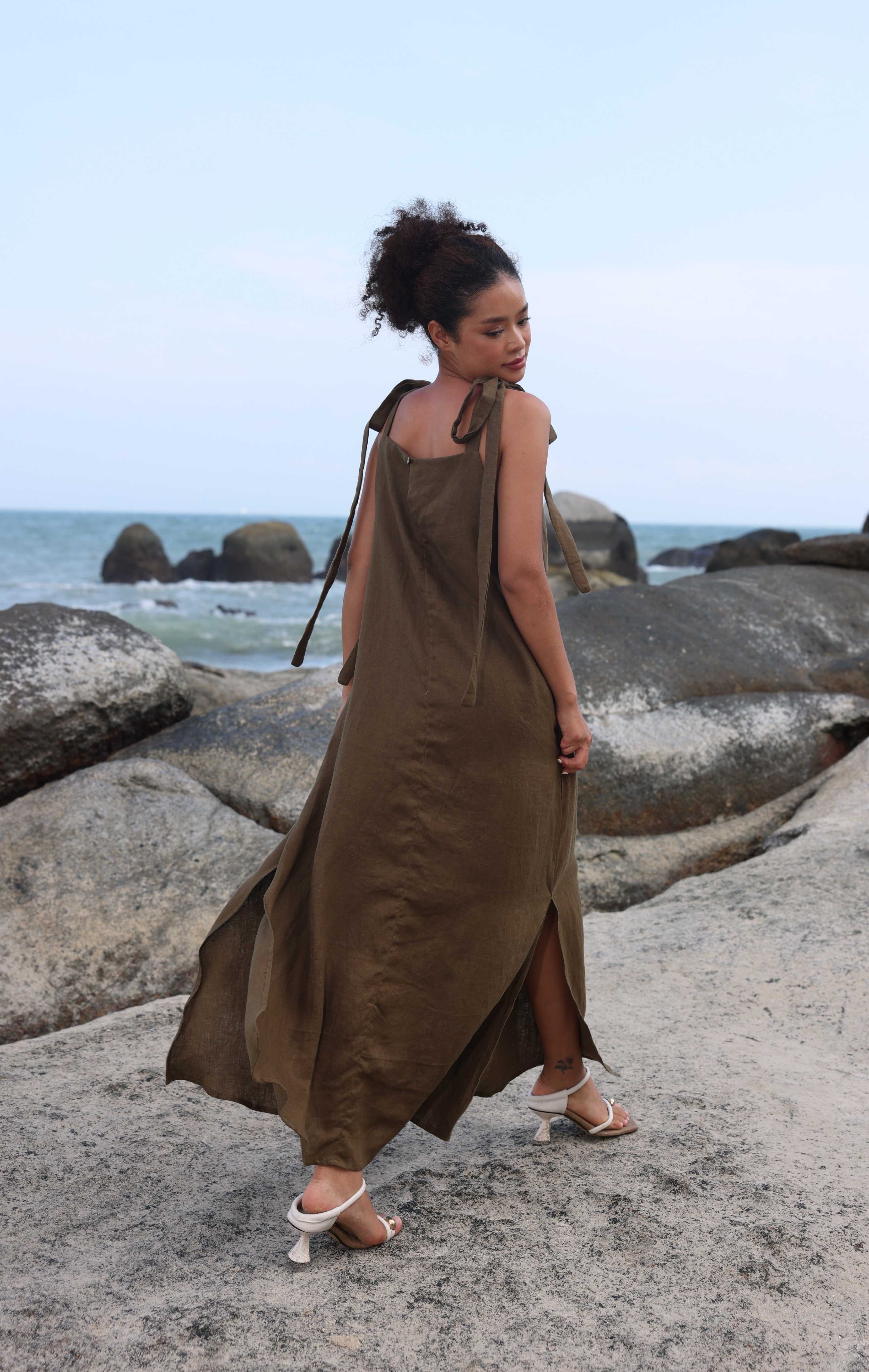 Tie shoulder linen dress