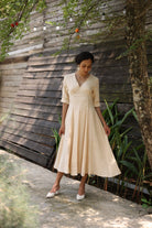 V-neck linen midi dress