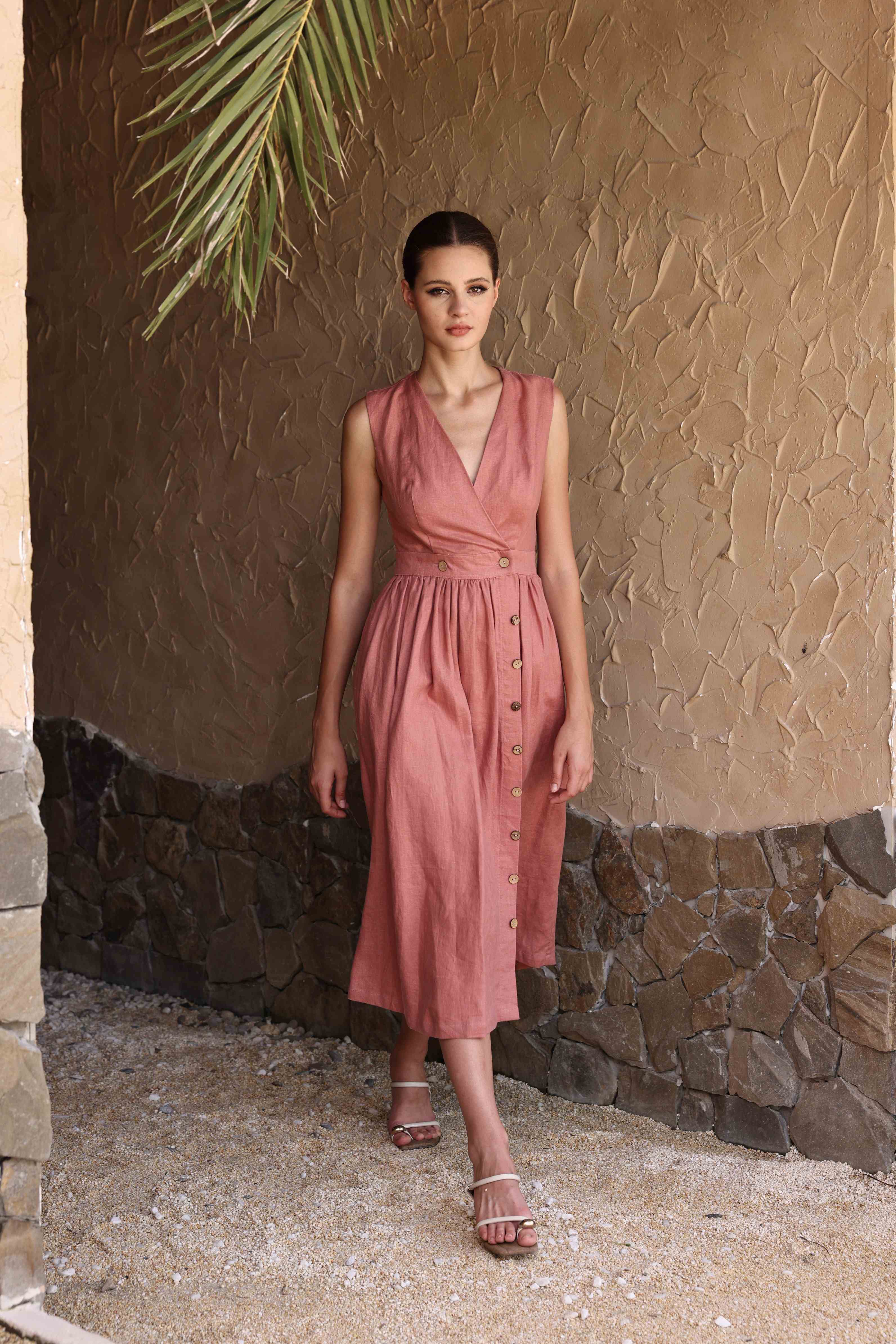 V-neck linen wrap dress