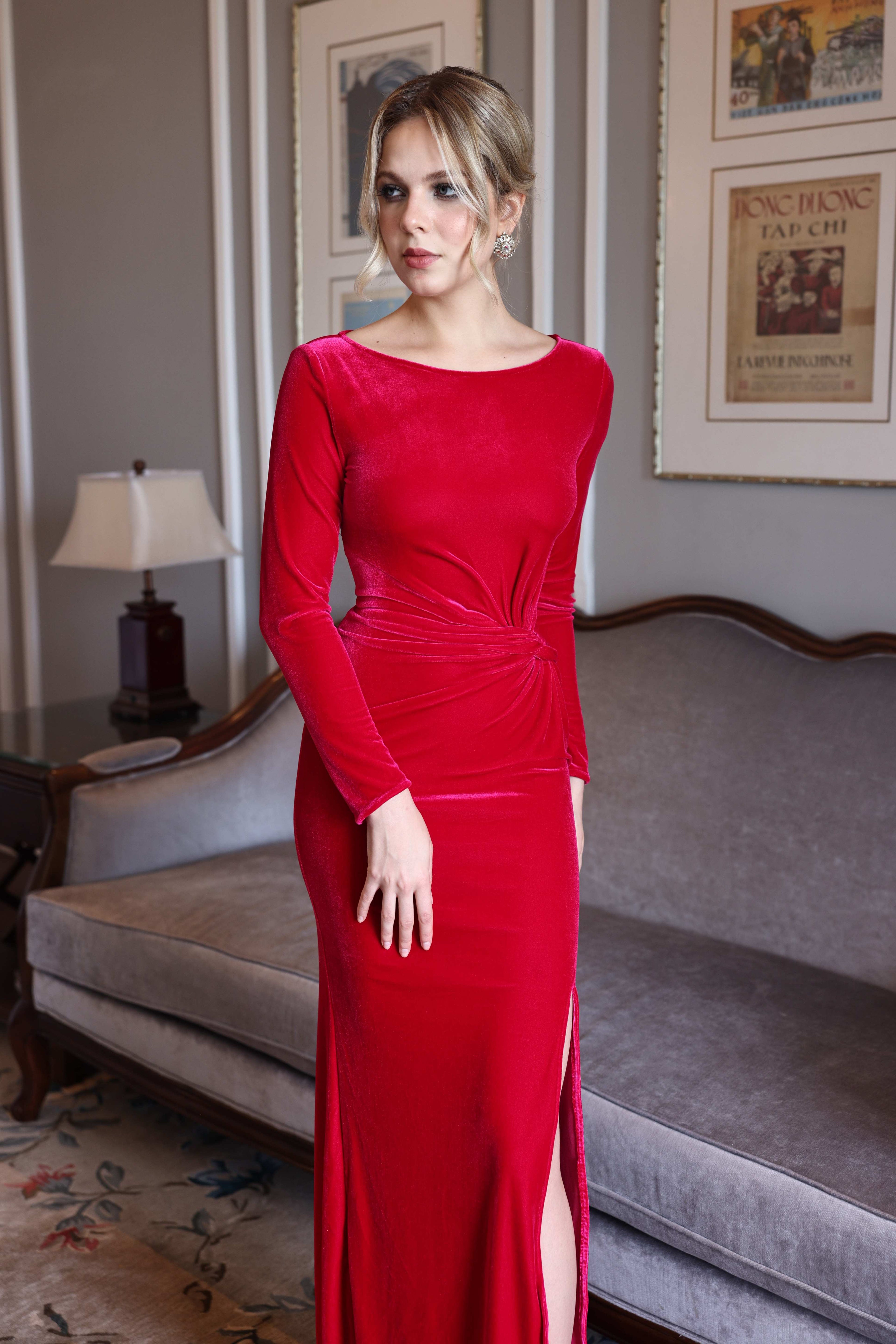 velvet evening gown with boat neck