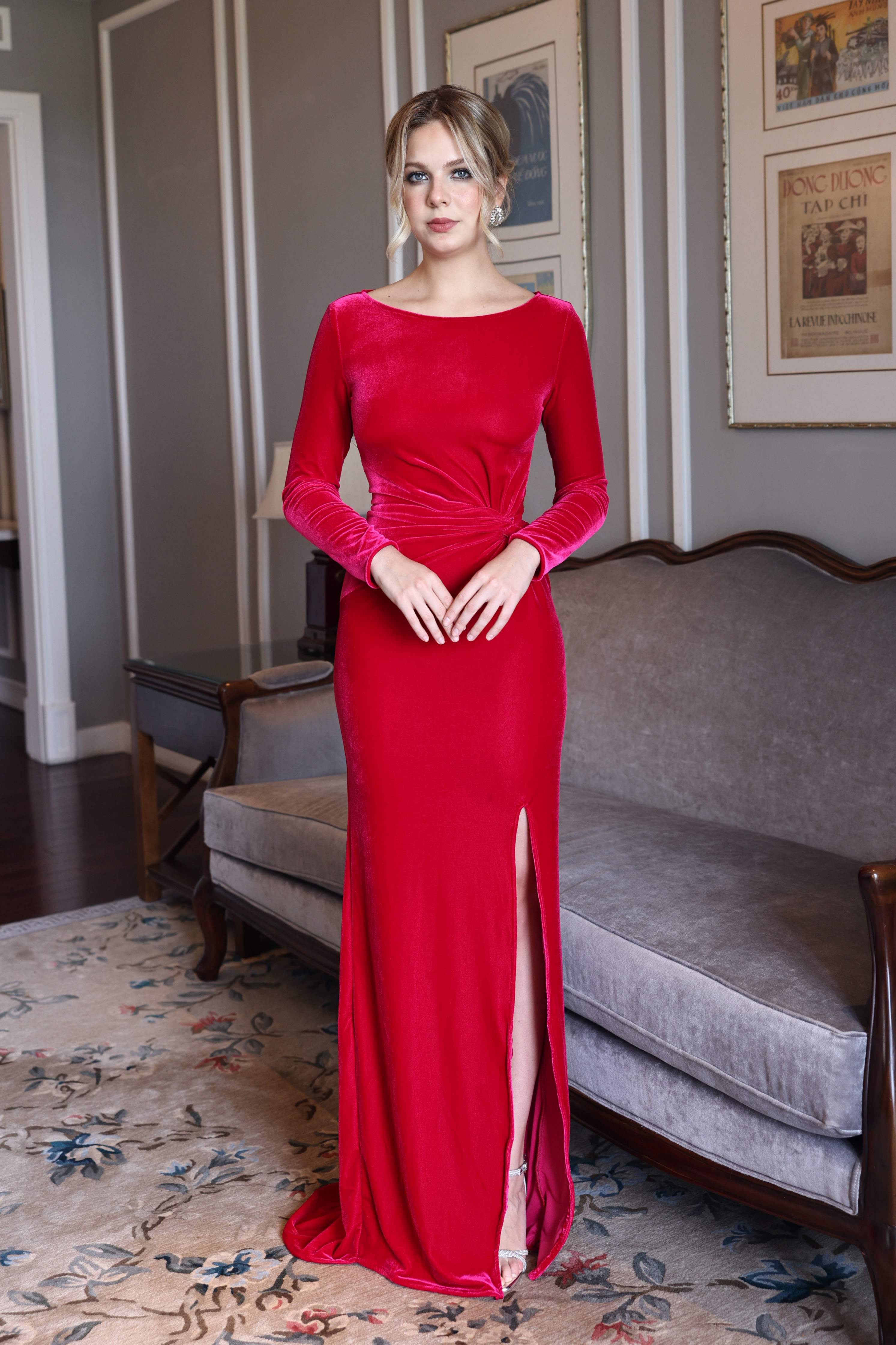 velvet evening gown with boat neck