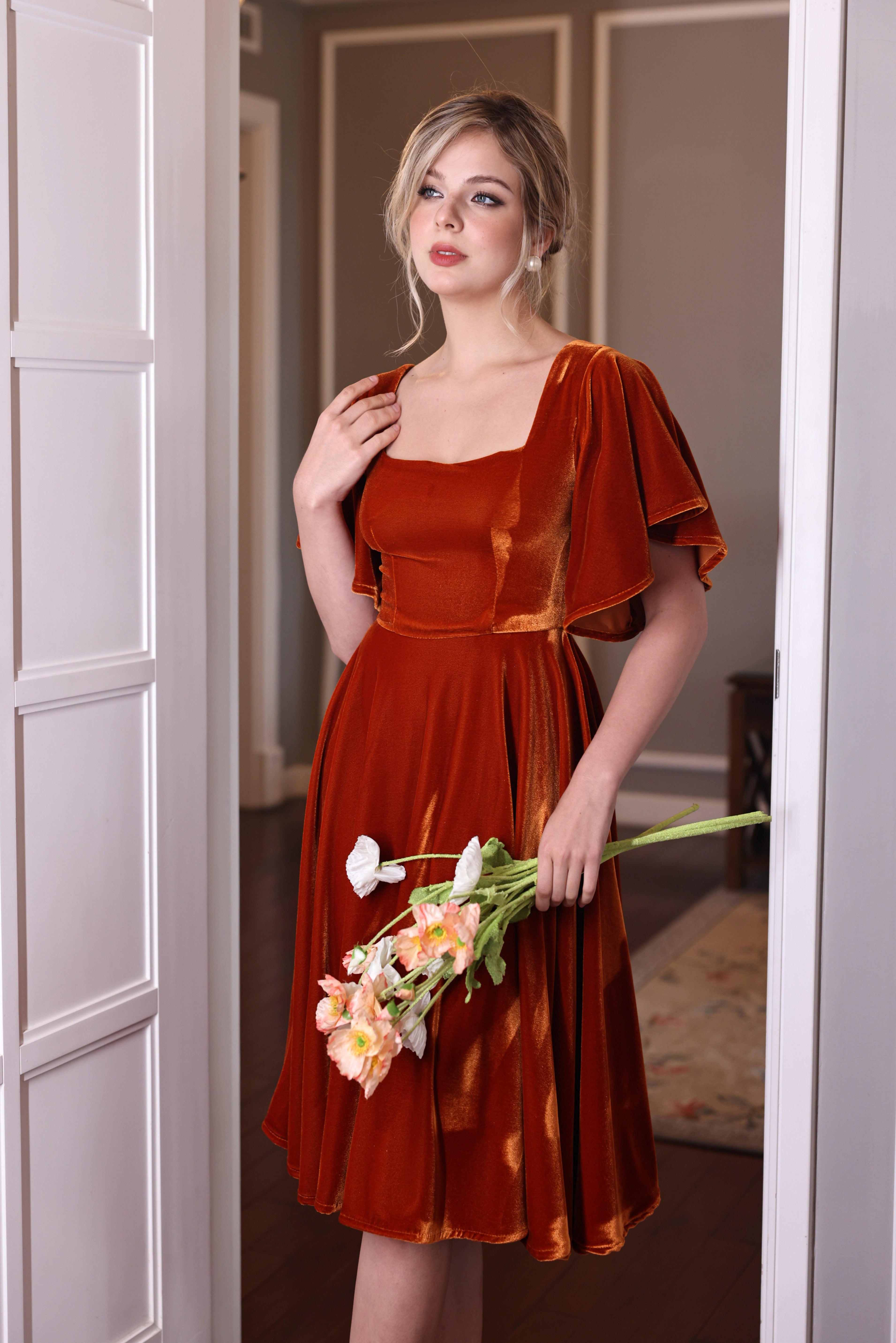 Velvet flutter sleeve dress