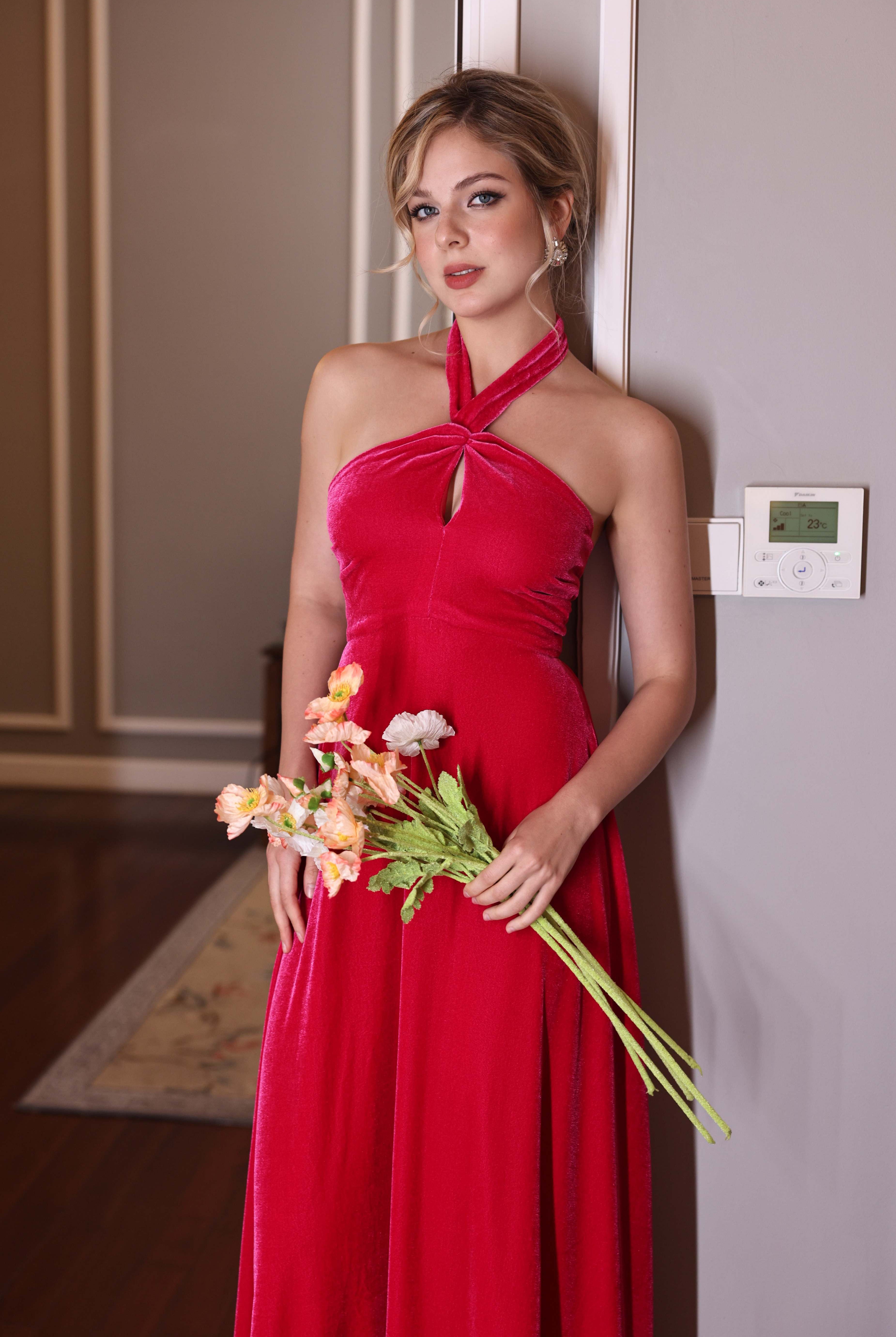 velvet halter formal dress