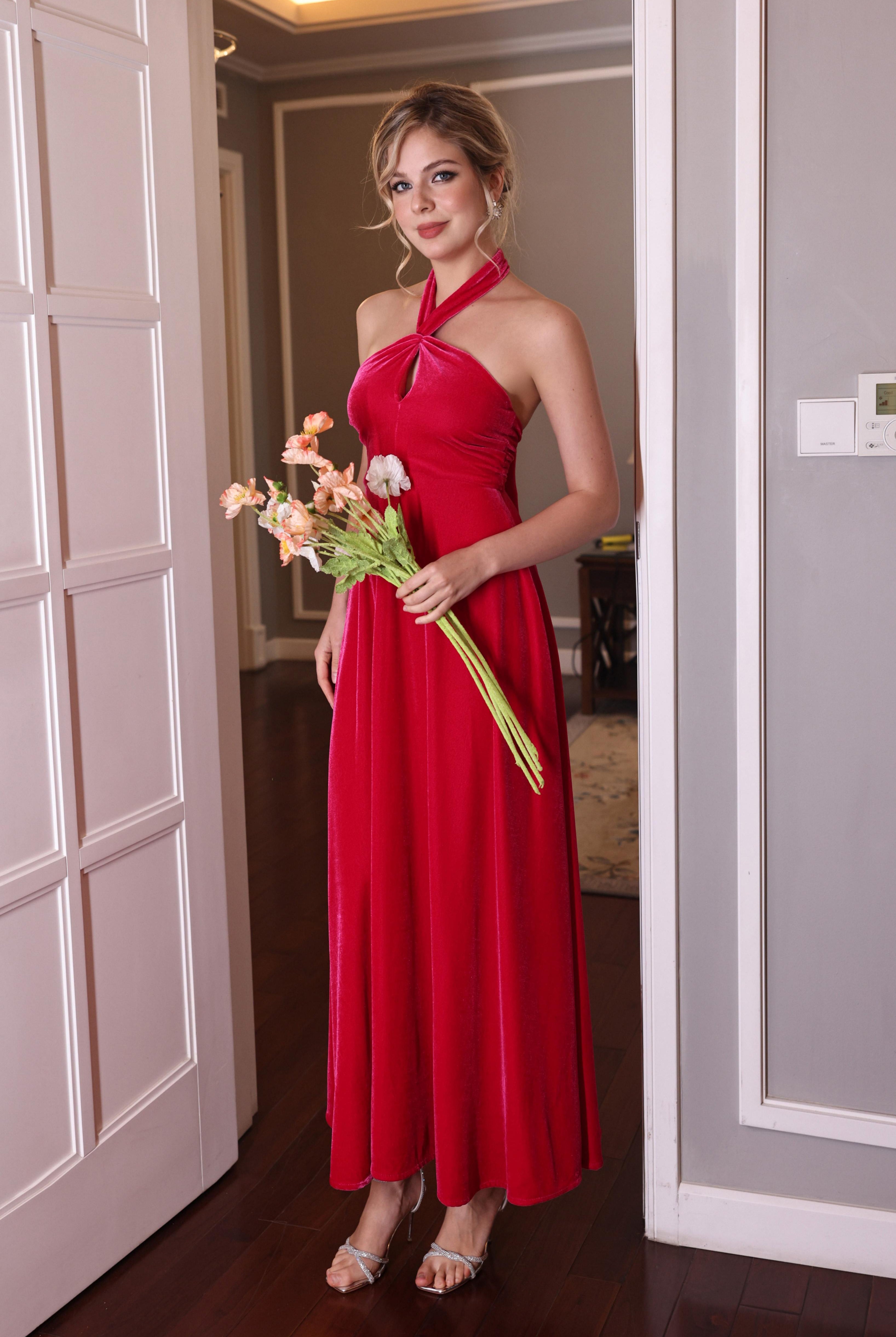 velvet halter formal dress