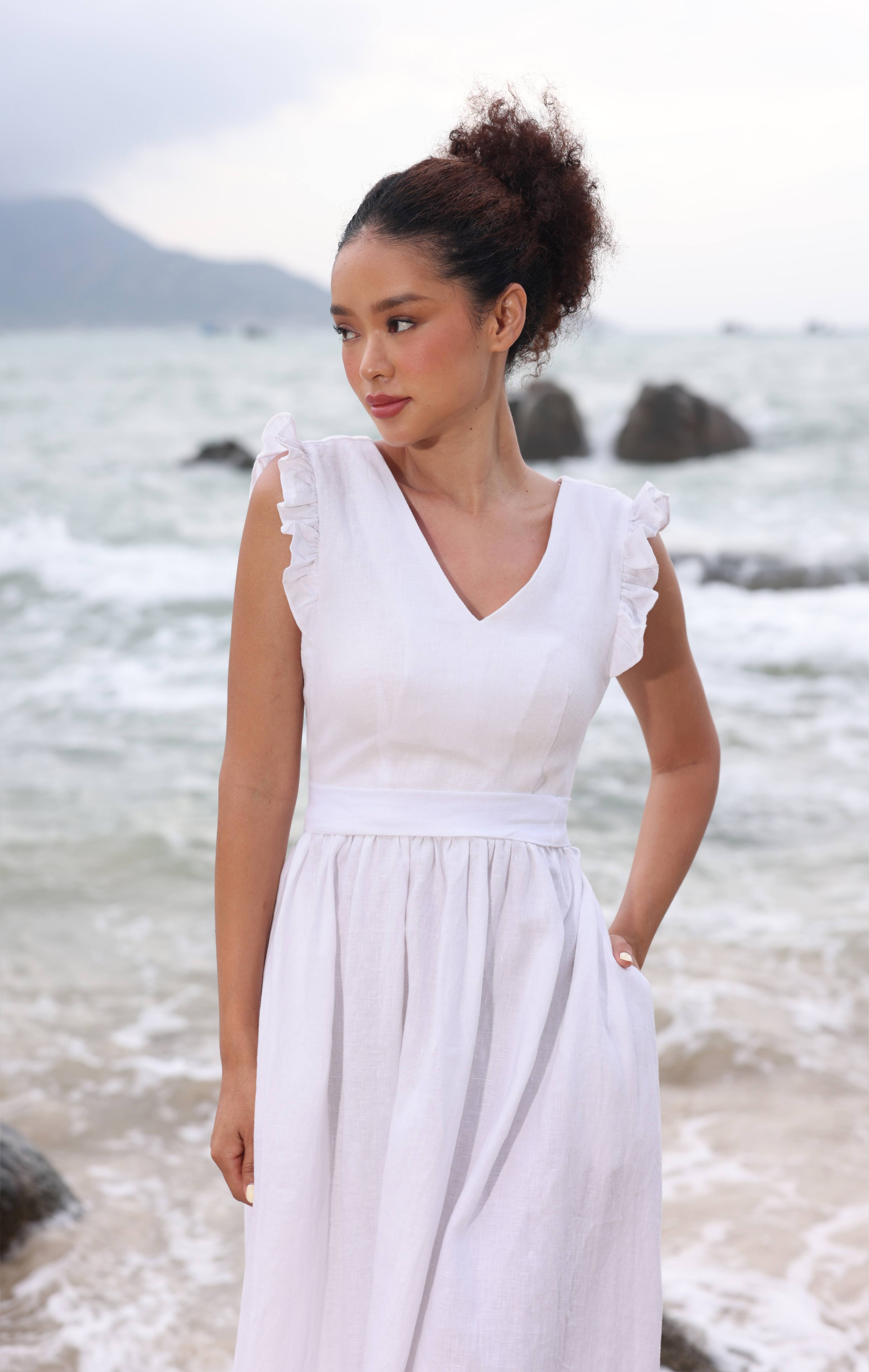White ruffle linen midi dress