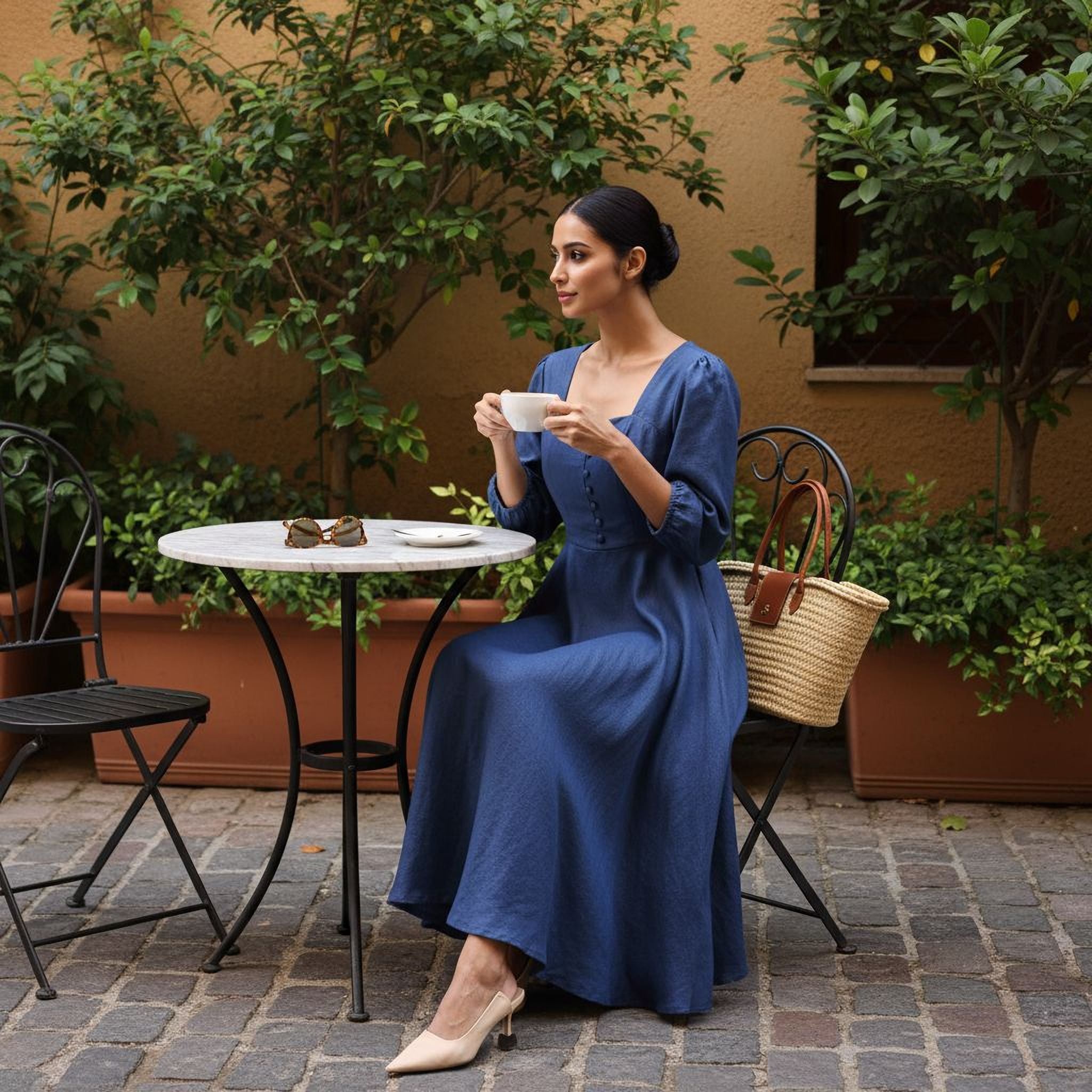 A woman in a blue dress is sitting at an outdoor table, holding a cup and enjoying a drink.