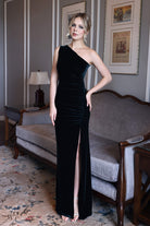 Asymmetrical velvet evening dress